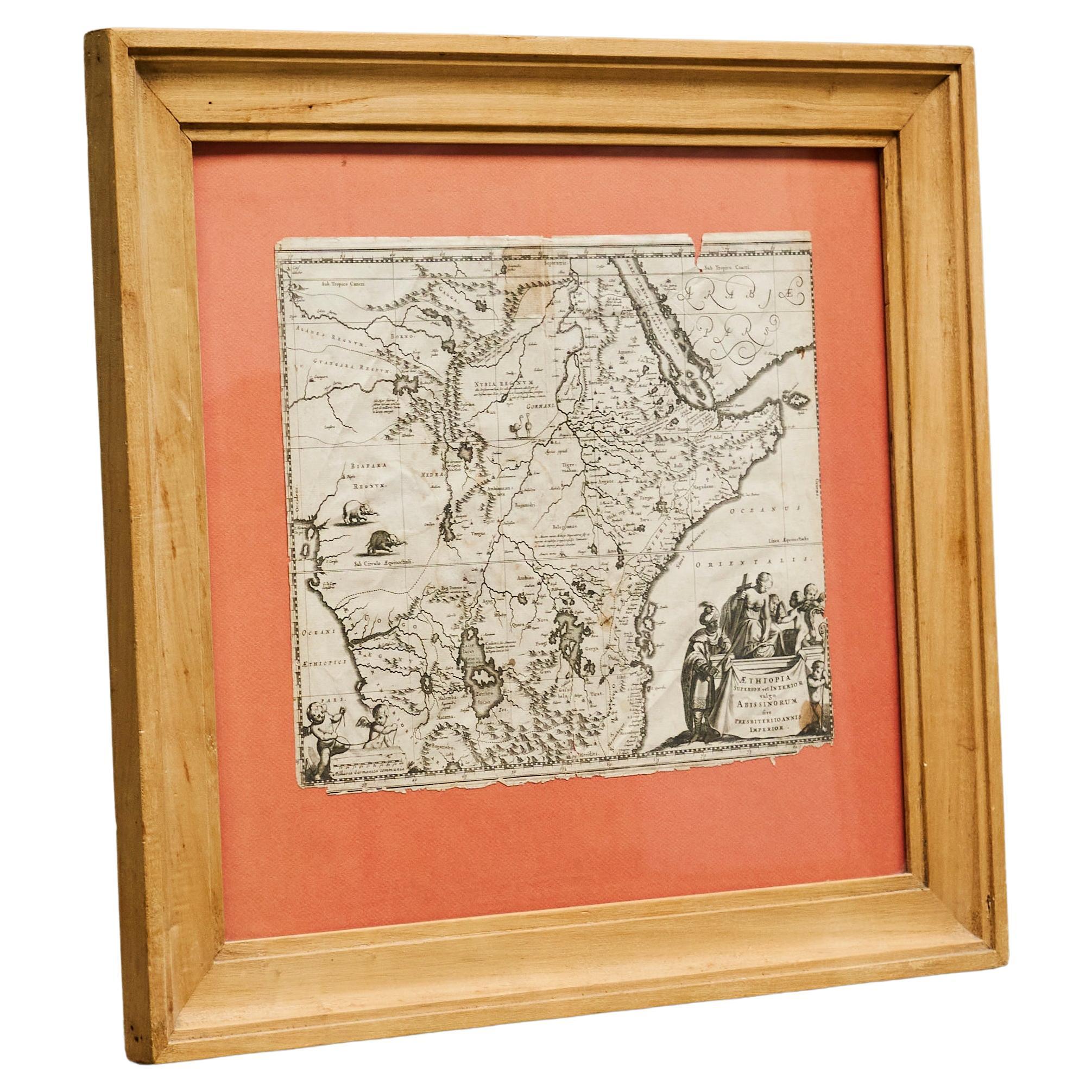 Willem Janszoon Blaeu Rare Original 17th Century Map of Ethiopia in a Pine Frame For Sale
