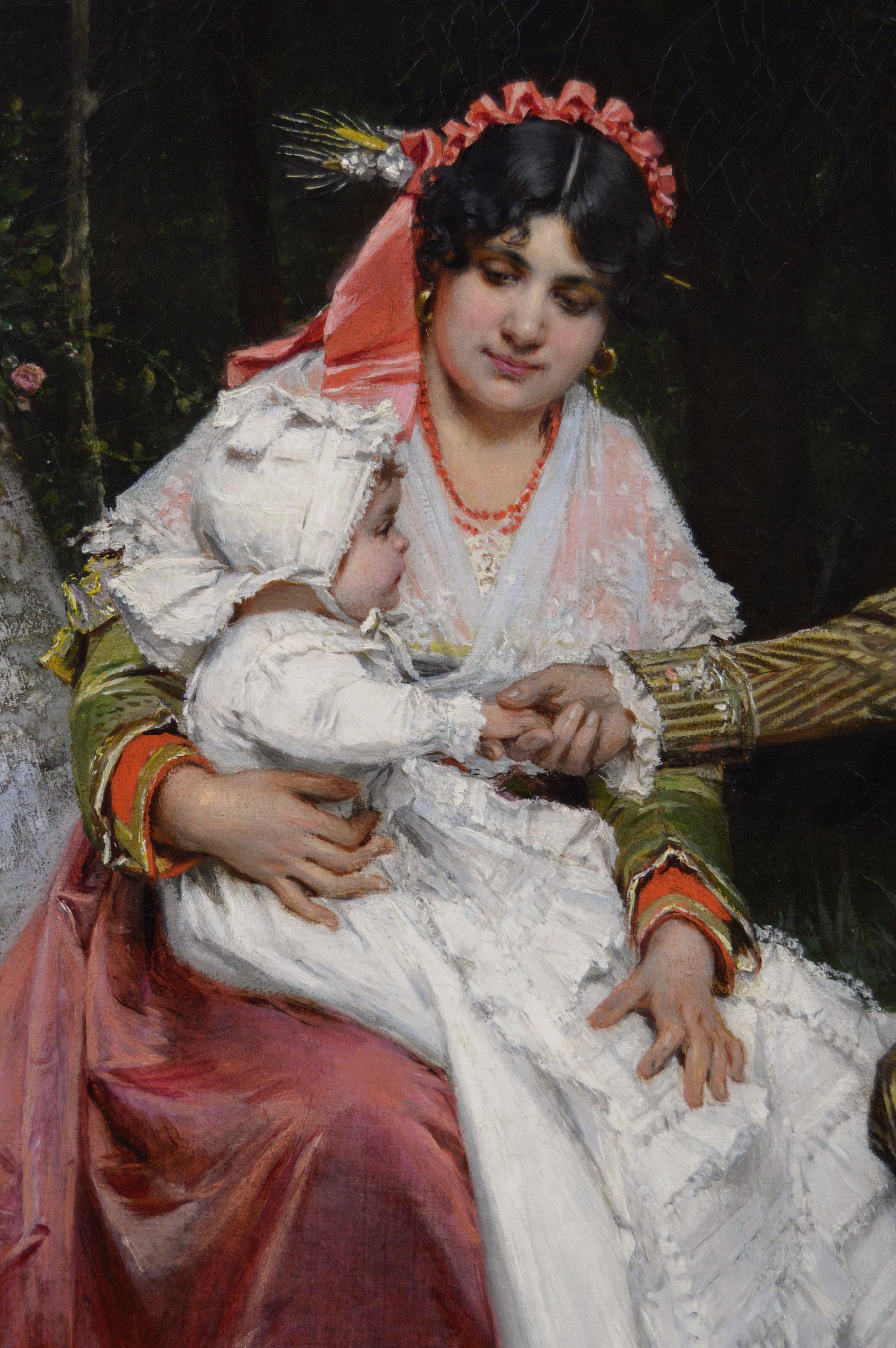 Scène de genre historique italienne du 19e siècle représentant une femme et un bébé assis à côté d'un homme - Marron Figurative Painting par Willem Johannes Martens