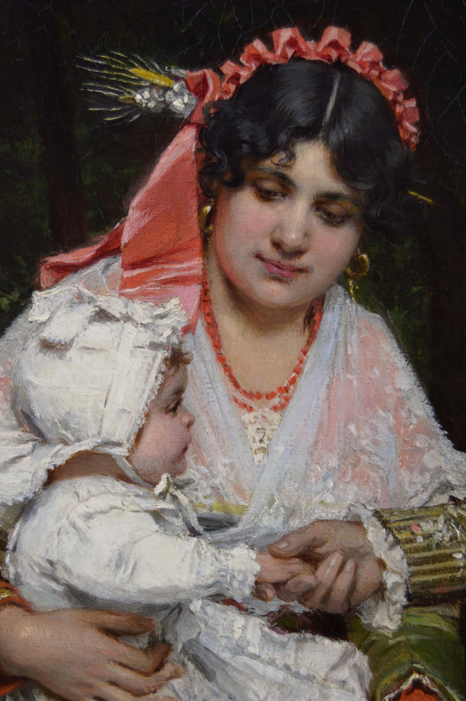 19th Century historical Italian genre scene of a woman & baby sat next to a man For Sale 1
