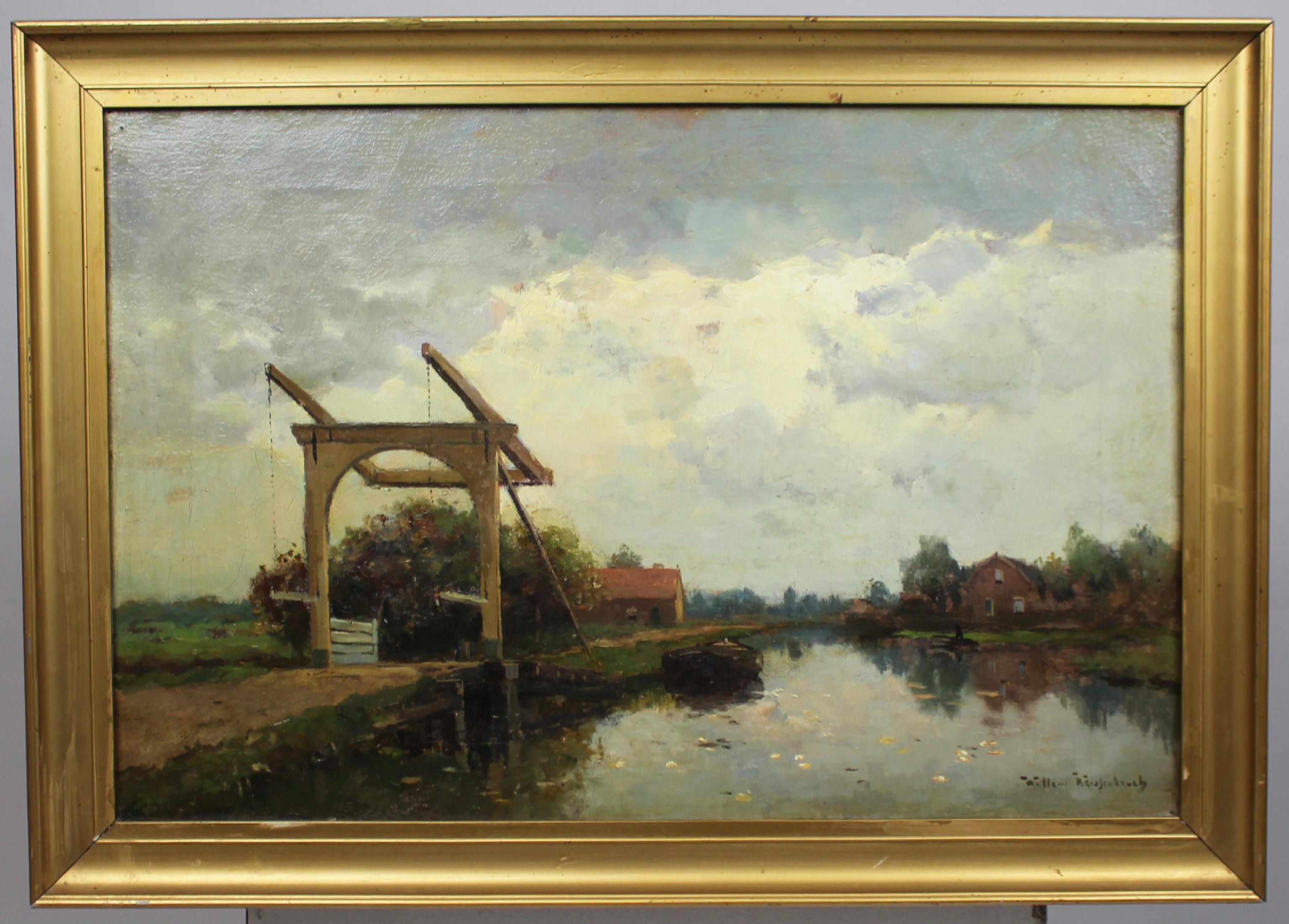 Willem Johannes Weissenbruch (Dutch, 1864–1941)
Canal Scene with Drawbridge and Barge, c.1900–1920
Oil on canvas  Signed lower right  Giltwood frame

A peaceful Dutch river landscape by Willem Johannes Weissenbruch, son of Hague School master H.J.