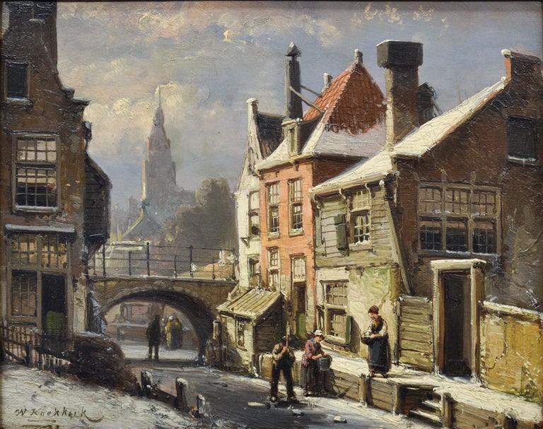 Willem Koekkoek, Amsterdam 1839-1895 
Cityscape in the snow
Oil on panel 18 x 23 cm

The son of the marine painter Hermanus Koekkoek Sr. is the only one of the extensive family of painters from Koekkoek to specialize in the Dutch cityscape, with