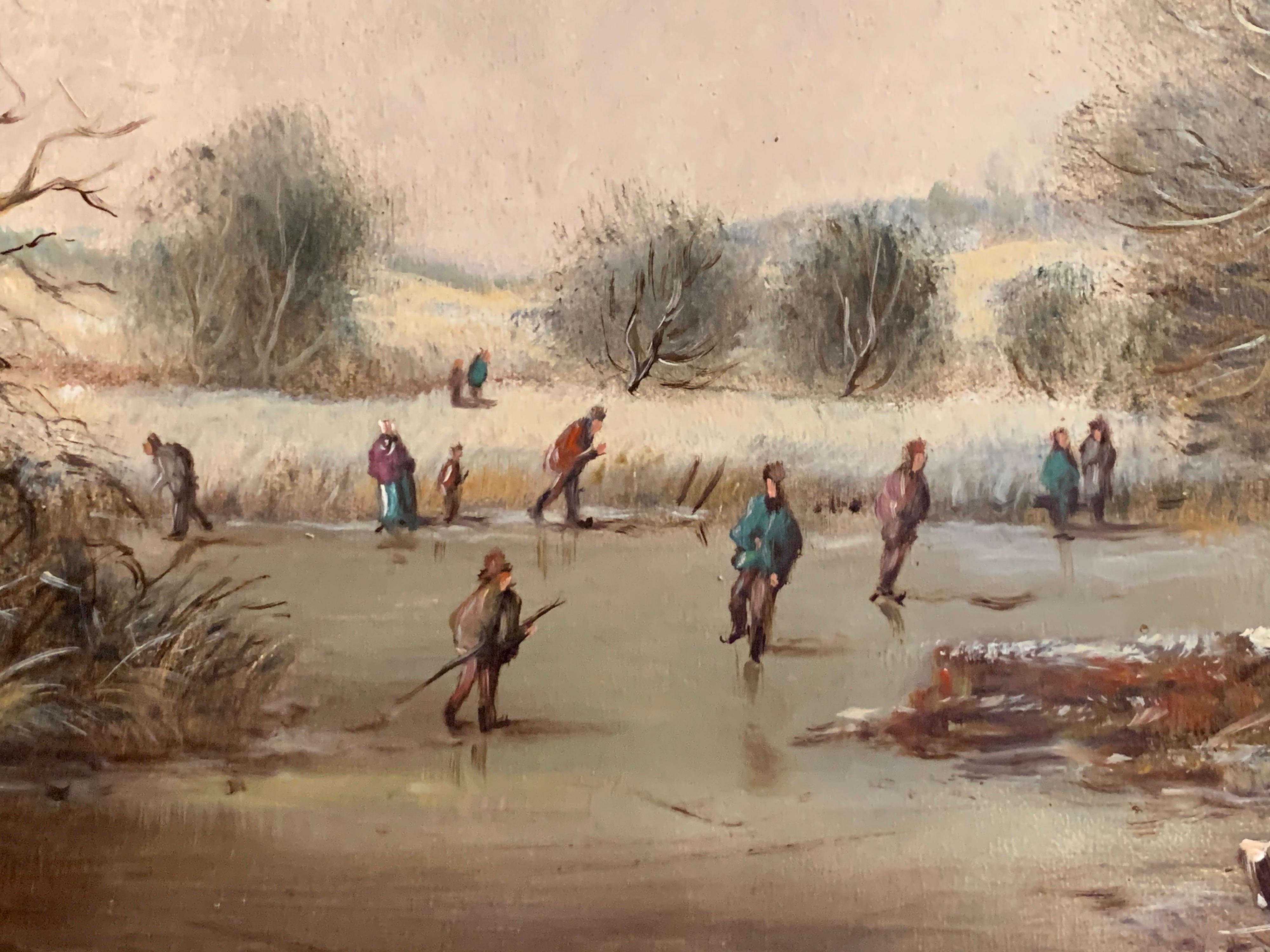 Dutch Winter Ice Skating Landscape Large Signed Oil Painting Swept Gilt Frame - Brown Landscape Painting by Willem Polderman