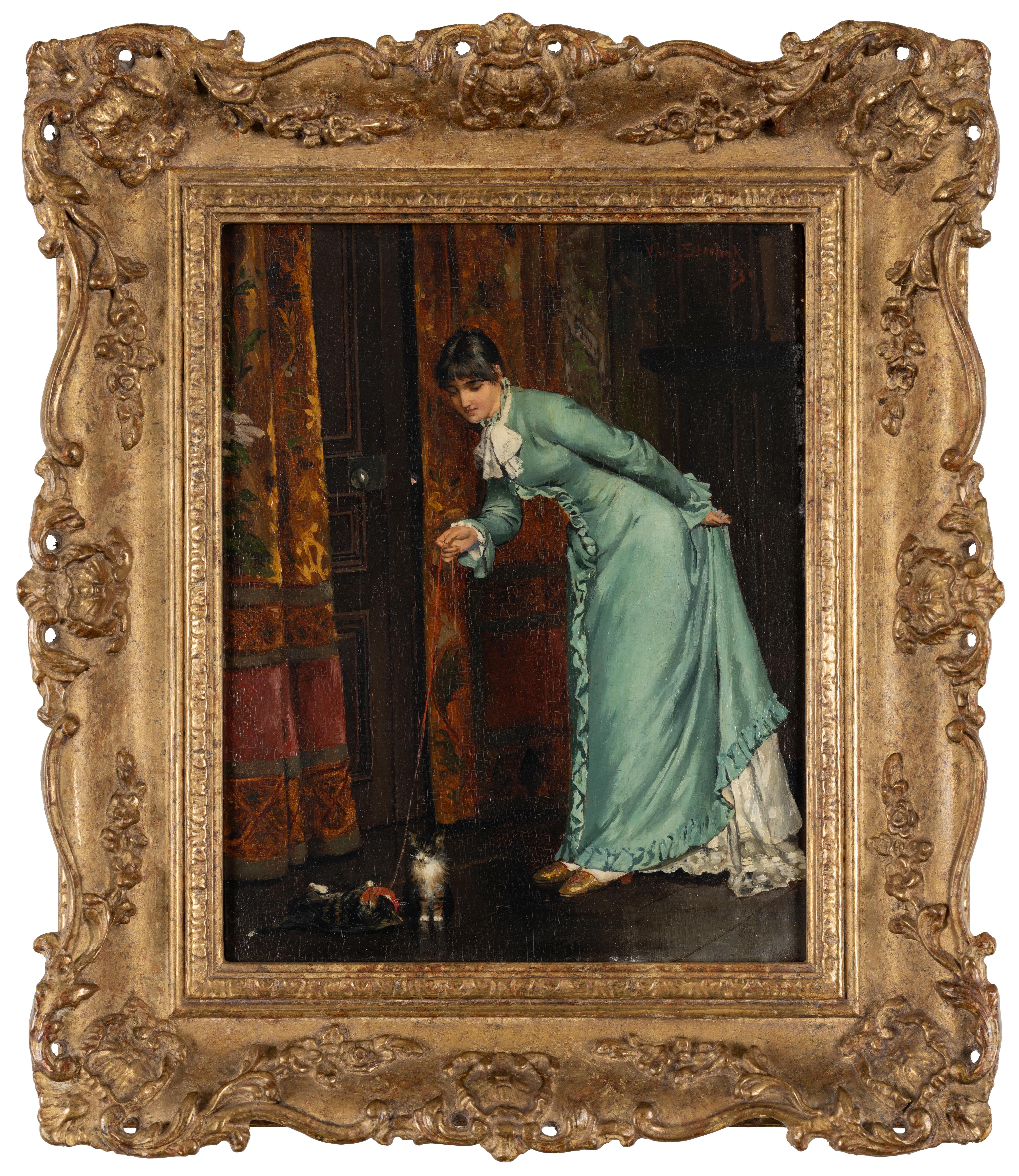 Willem Steelink Jr. Portrait Painting - Woman Playing with a Kitten