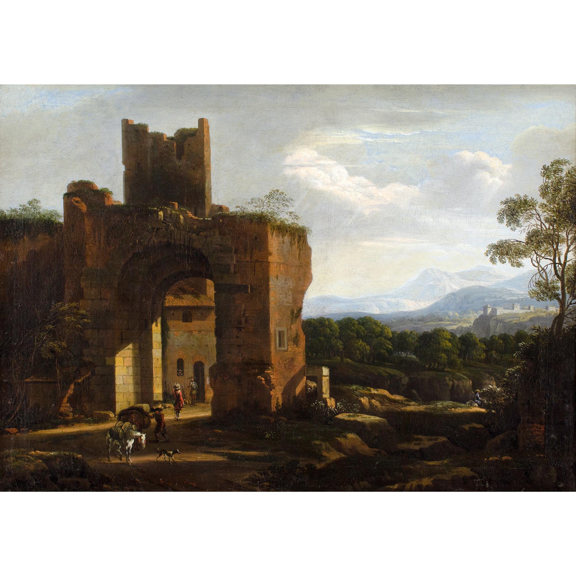 Willem Van Bemmel (Attribuito), Capriccio all'italiana con rovine e viaggiatori 1