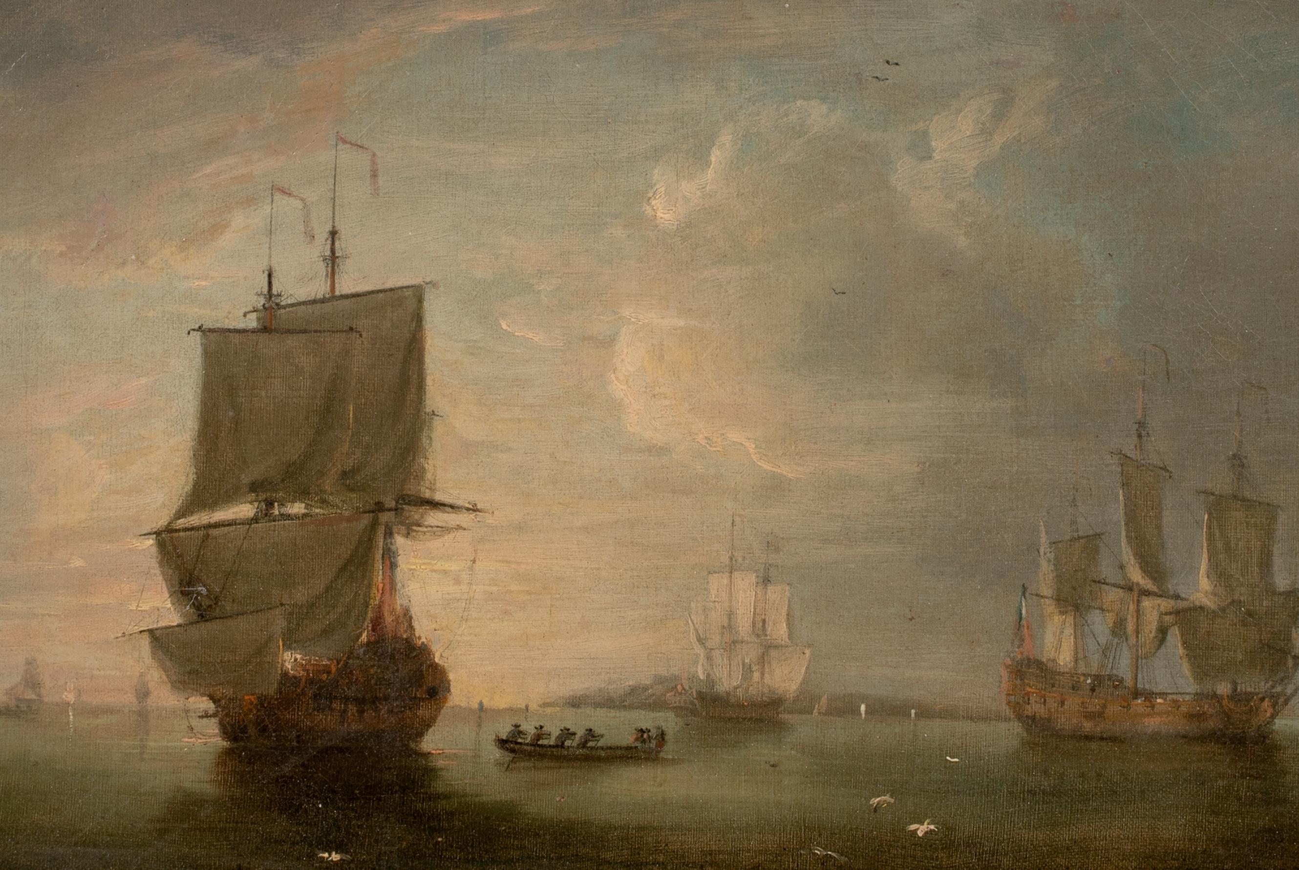 British Royal Navy Fleet Anchored Off The Coast At Sunset, 17th Century  - Brown Landscape Painting by Wilhelm van de Velde the Younger