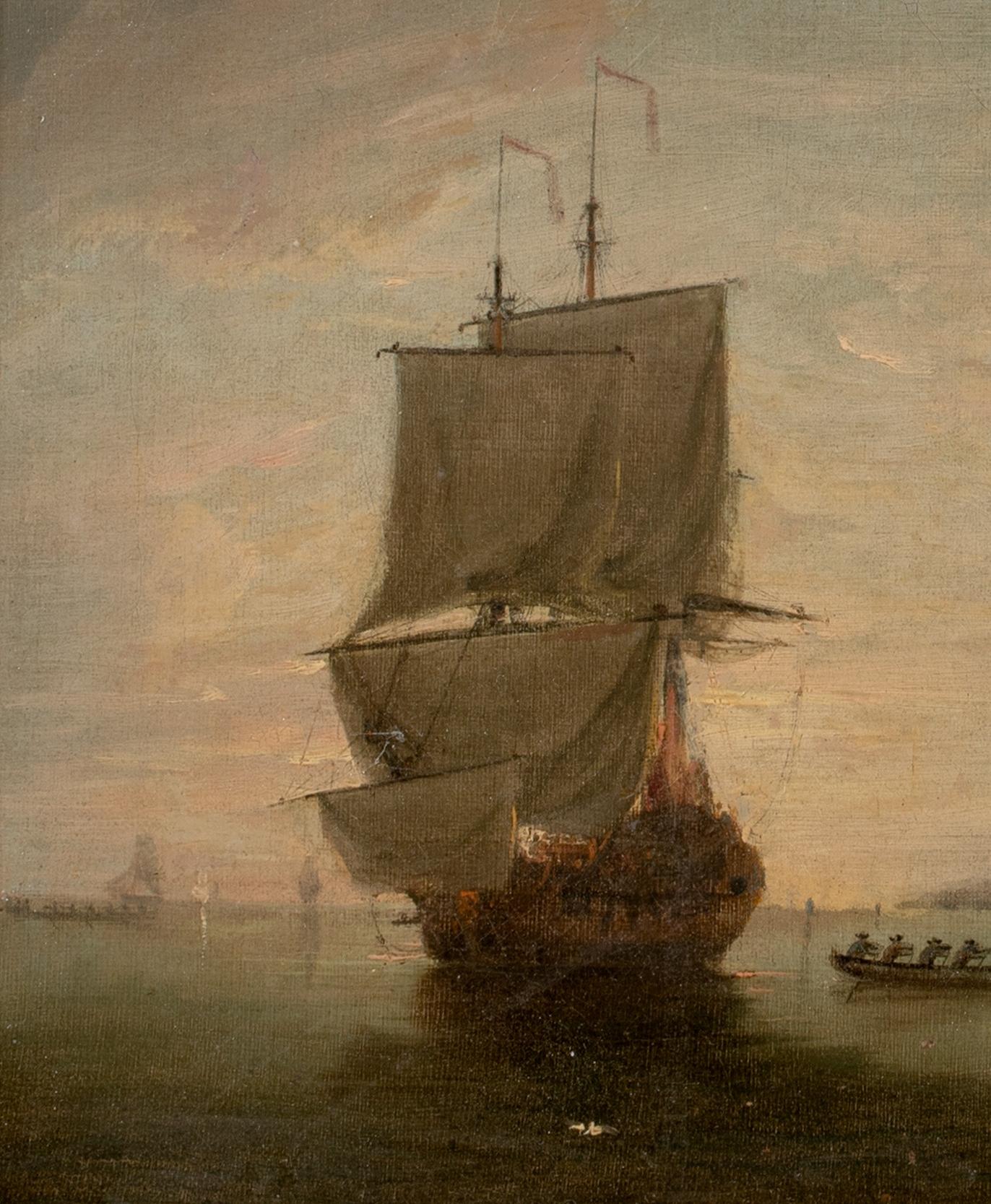 British Royal Navy Fleet Anchored Off The Coast At Sunset, 17th Century 

school of Willem van de Velde (1633-1707)

17th Century marine oil of British Royal Navy warships anchored off the coast at sunset, oil on canvas. Extensive and detailed view