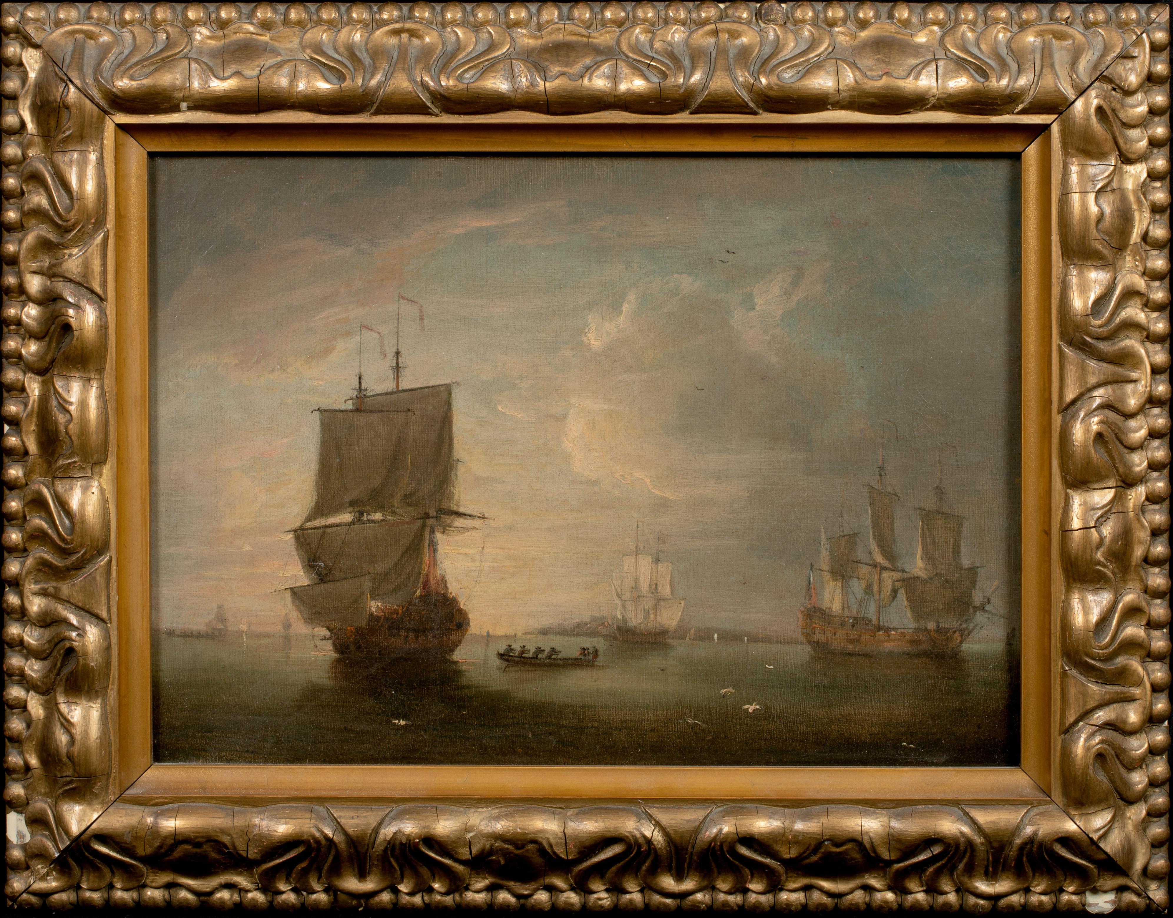 Wilhelm van de Velde the Younger Landscape Painting - British Royal Navy Fleet Anchored Off The Coast At Sunset, 17th Century 