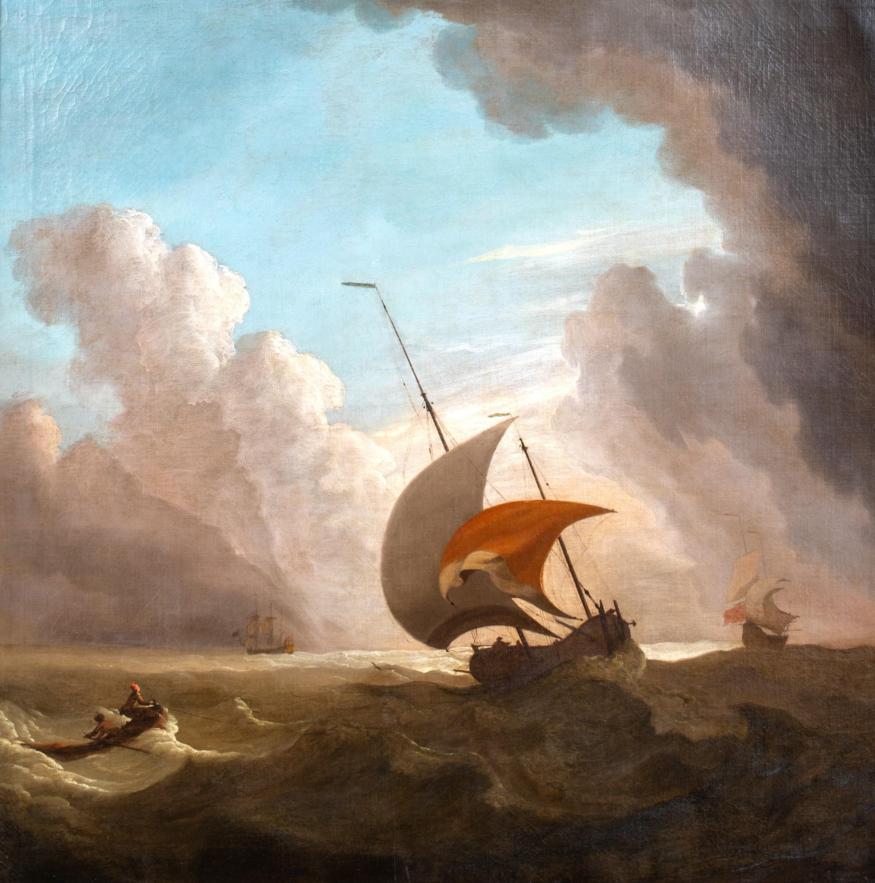 Dutch Ships In A Storm, 17th Century

attributed to Willem II VAN DE VELDE (1633-1707)

Huge 17th Century Dutch Old Master marine oil of ships in a storm, oil on canvas. Museum quality storm scene with various shipping typical of Van De Velde II.