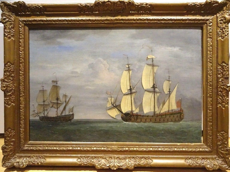 French Ship Under Press From The Royal Navy, 17th Century - Brown Landscape Painting by Wilhelm van de Velde the Younger