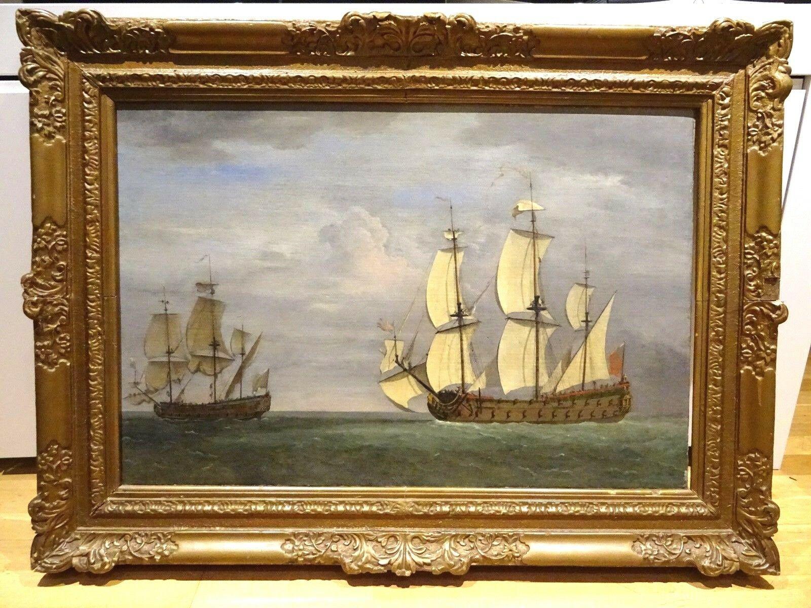 French Ship Under Press From The Royal Navy, 17th Century - Painting by Wilhelm van de Velde the Younger