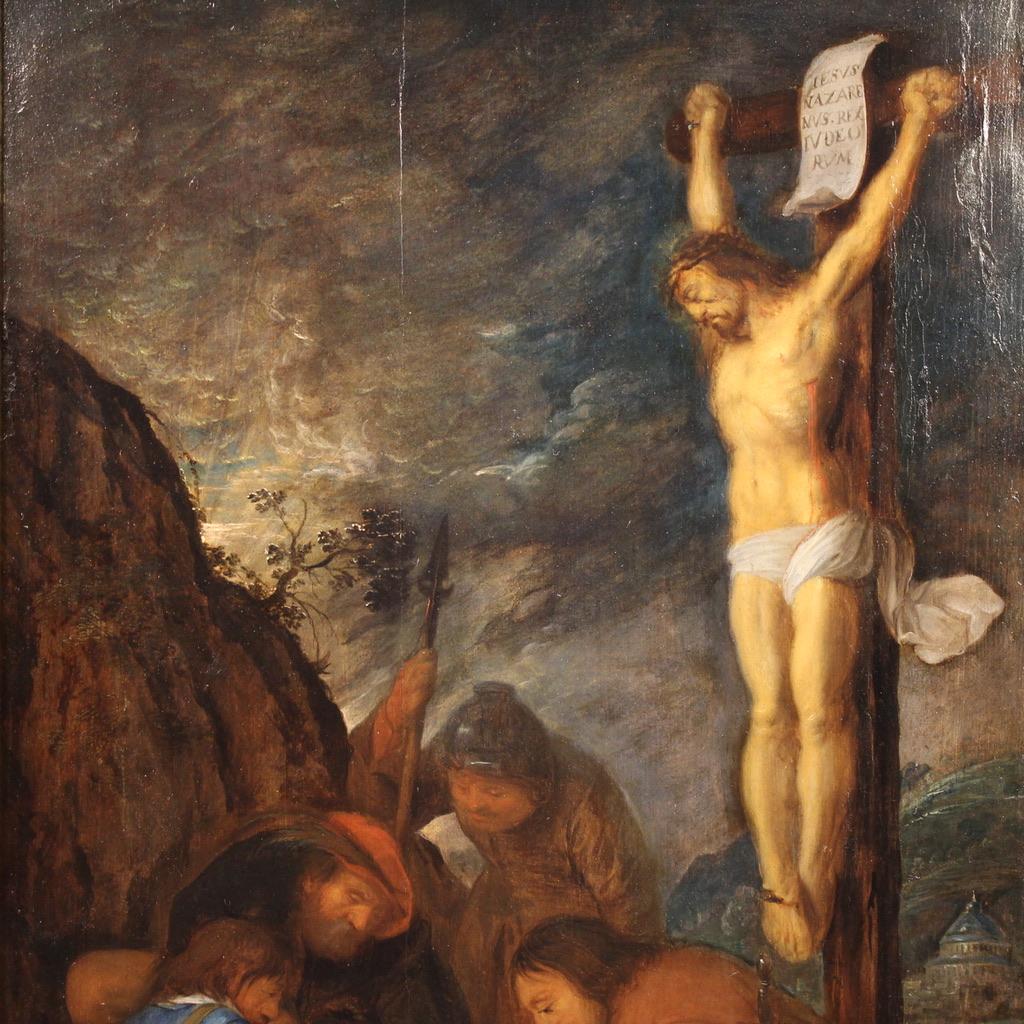 Antique 17th-century Flemish painting. Oil on panel artwork depicting the biblical scene of the casting of lots for Christ's tunic. The soldiers, after crucifying Jesus, took his clothes and cast dice for them at the foot of the cross. The artwork