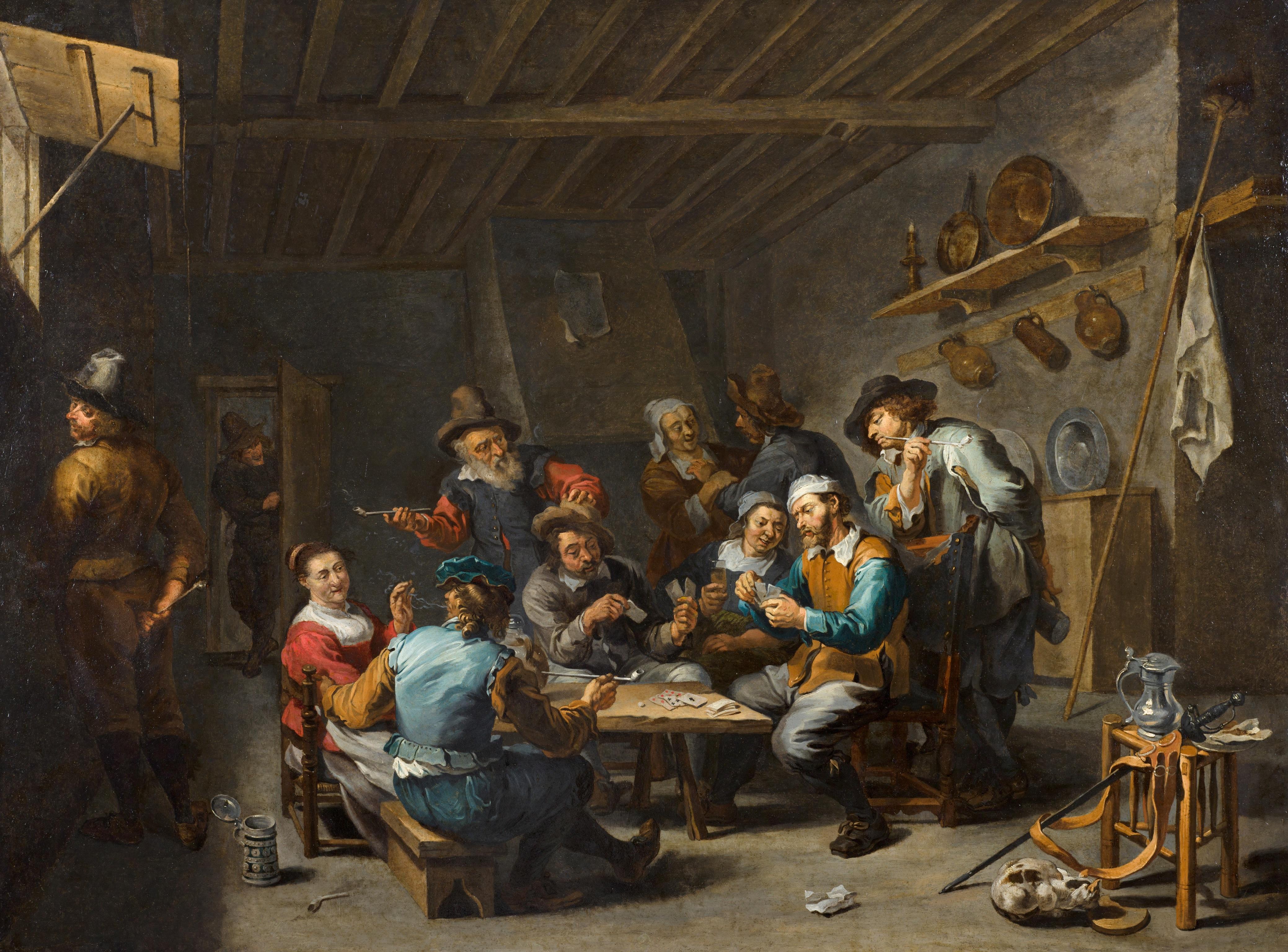 Tavern Interior With Card Players And Smokers - Painting by Willem van Herp the Elder