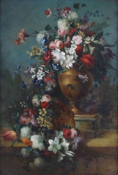 Antique oil painting 18th Century large upright Flowers, Tulips, Lilies and Rose