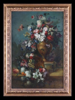 Antique oil painting 18th Century large upright Flowers, Tulips, Lilies and Rose