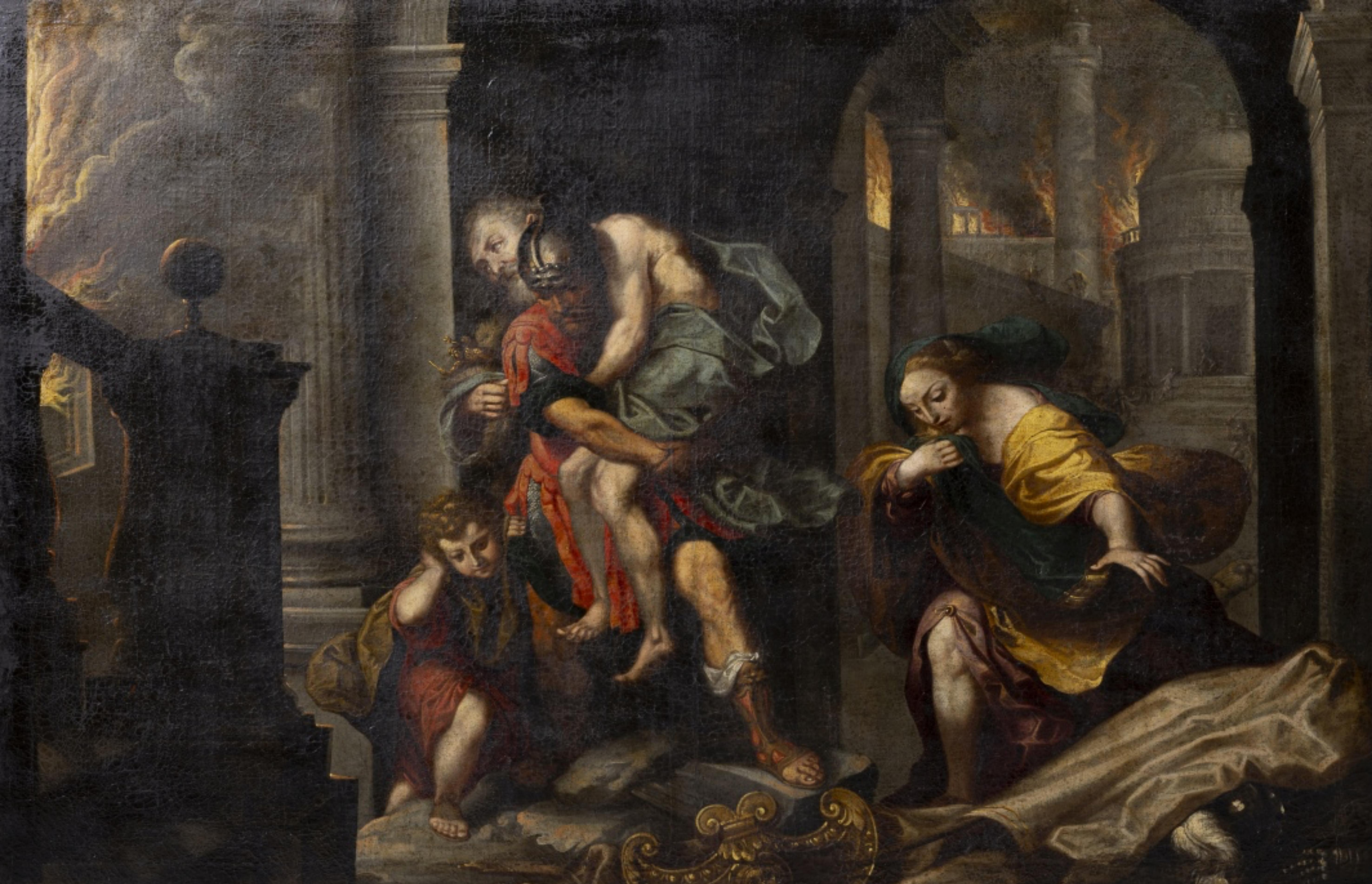 Huilé WILLEM VAN MIERIS (1662-1747) « Les Égyptes s'ébattent du Troy brûlant » de Federico Barocci en vente