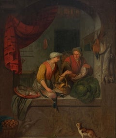 Fine 1700's Dutch Old Master Oil on Panel Painting Kitchen Interior Fish Seller