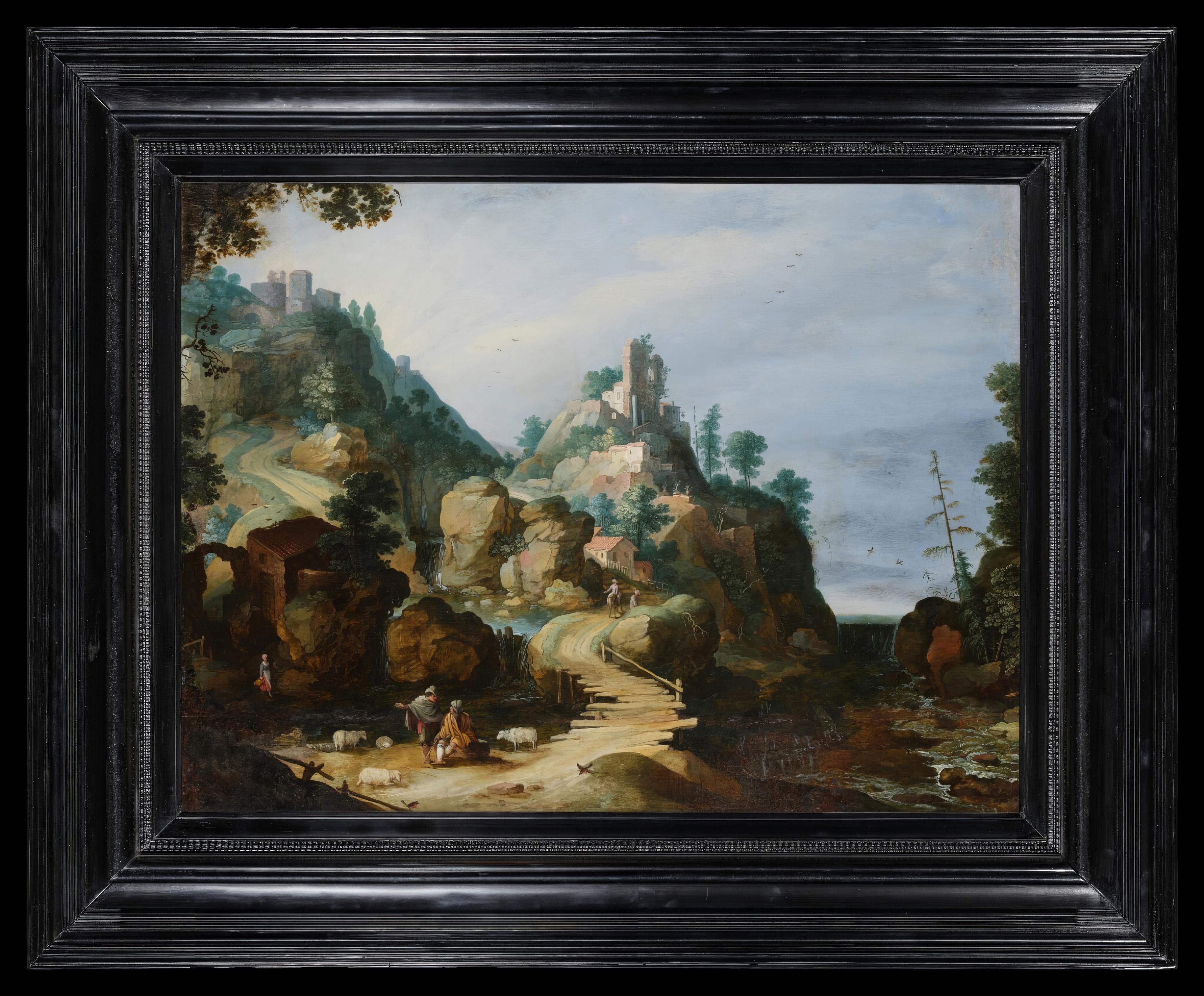 Willem van Nieulandt II Landscape Painting - Baroque Dutch fantastical landscape with figures and ruins