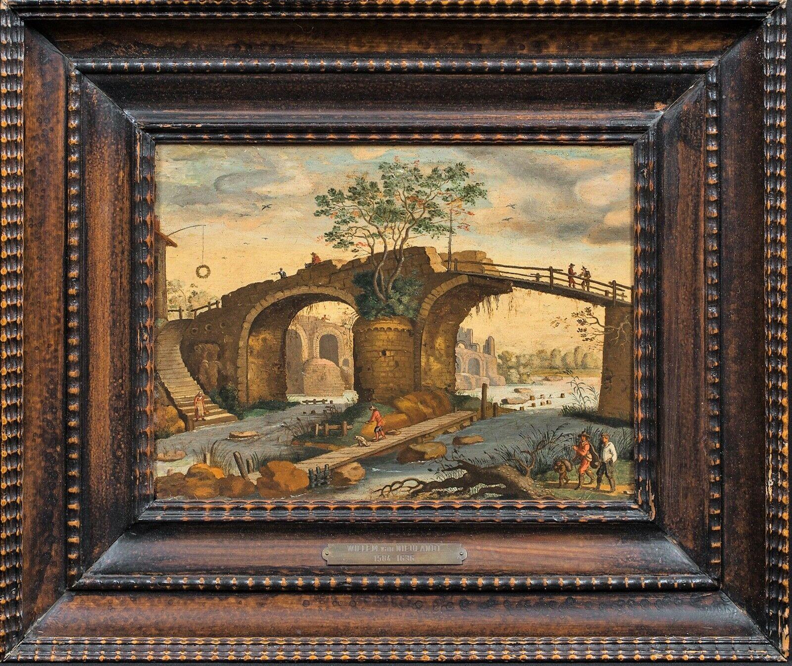Figures In A Ruins & Bridge Landscape, 17th Century - Painting by Willem van Nieulandt II