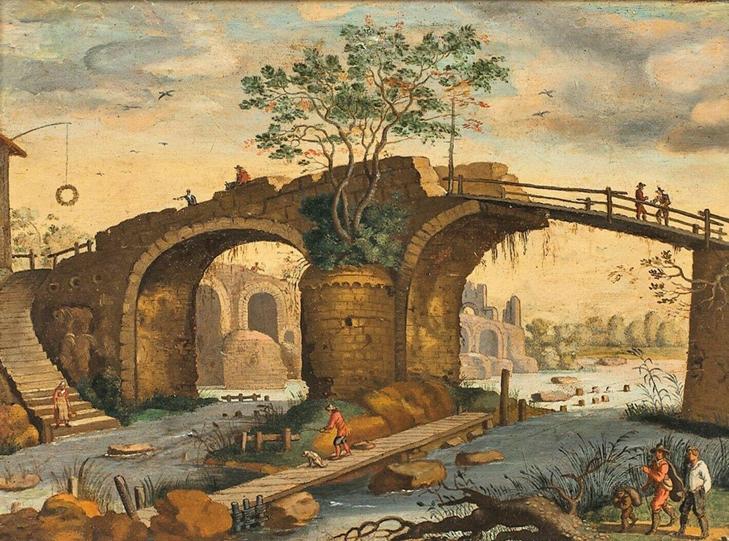 Willem van Nieulandt II Landscape Painting - Figures In A Ruins & Bridge Landscape, 17th Century