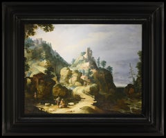 Antique Landscape with figures and ruins Dutch landscape. Certified.