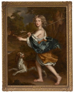 Antique 17th century English portrait of a boy with his dog in an arcadian landscape