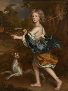 17th century English portrait of a boy with his dog in an arcadian landscape