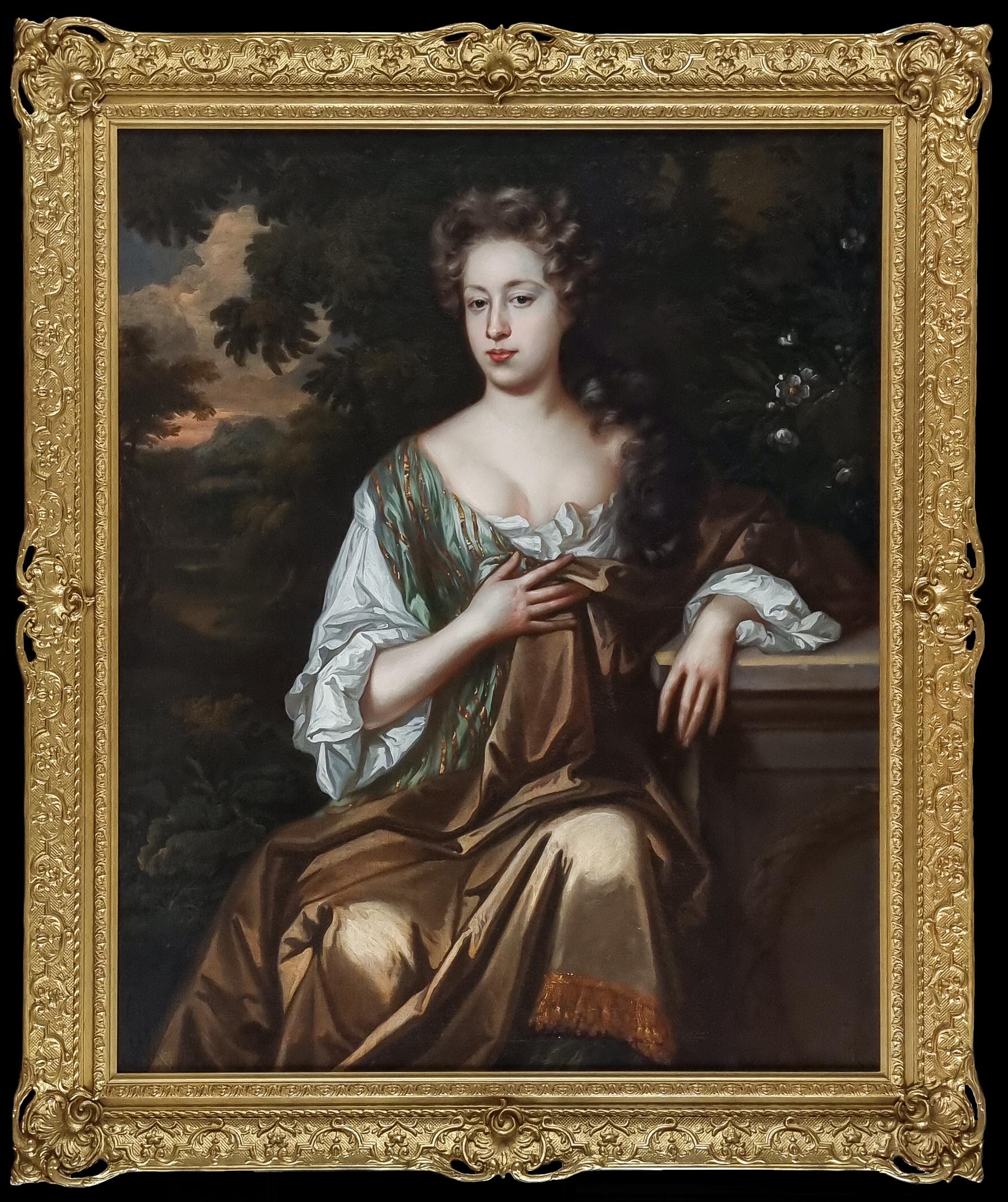 Portrait anglais d'une femme assise sur un socle dans un paysage boisé, huile sur toile - Maîtres anciens Art par Willem Wissing
