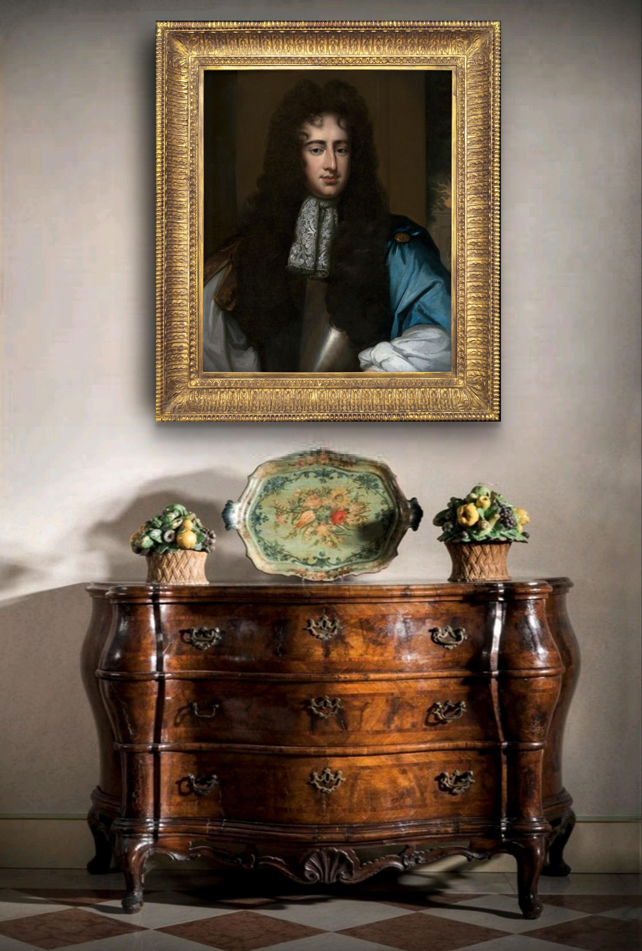 Portrait of Gentleman, Sir Henry Hobart, Blue Cloak & cravat, Wissing oil canvas - Painting by Willem Wissing