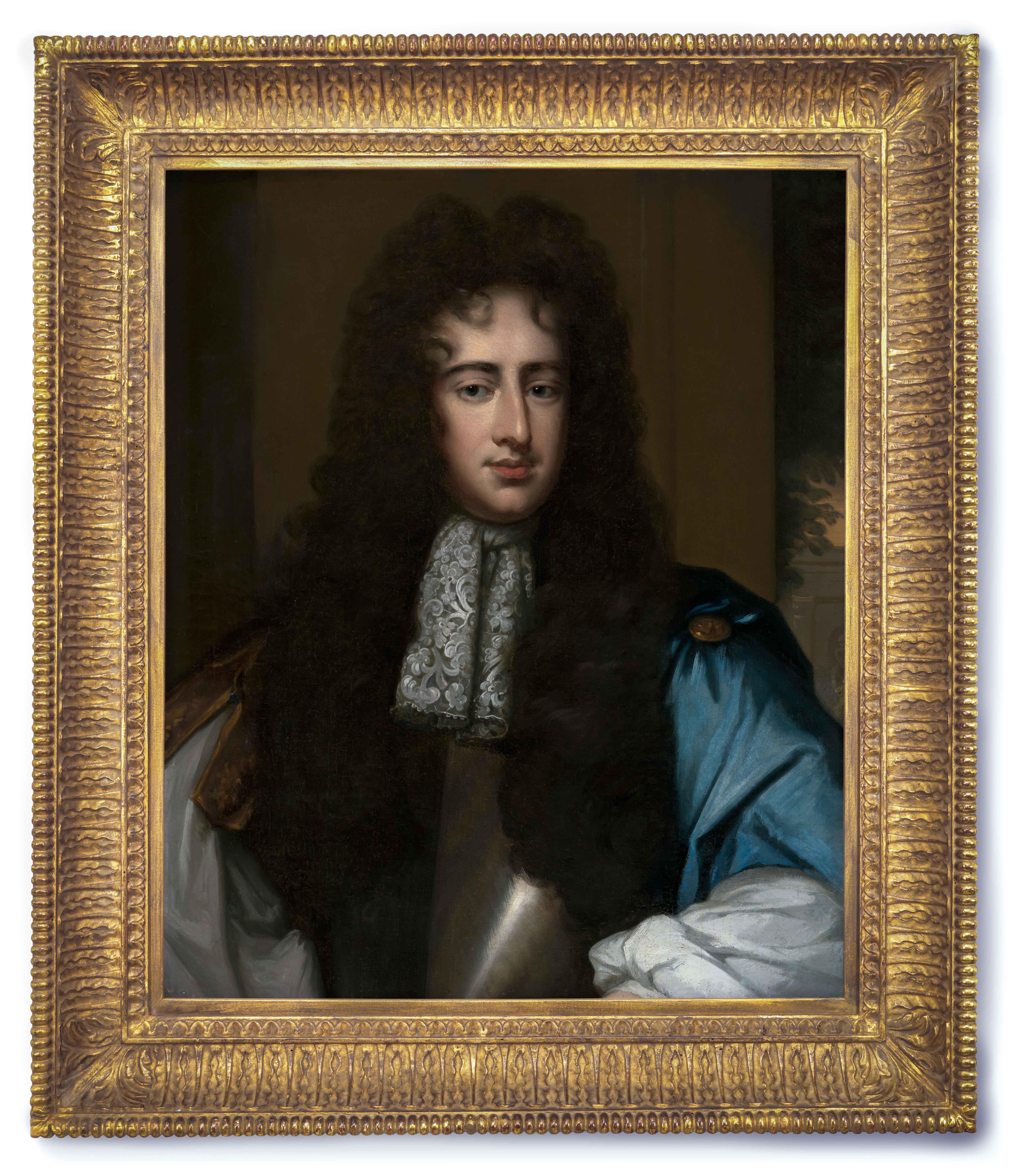 Willem Wissing Portrait Painting - Portrait of Gentleman, Sir Henry Hobart, Blue Cloak & cravat, Wissing oil canvas