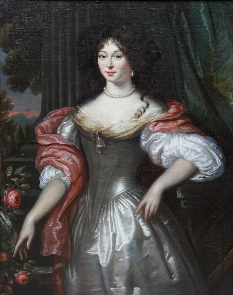Portrait of Lady in Silver Dress - Dutch Old Master art portrait oil  painting For Sale at 1stDibs