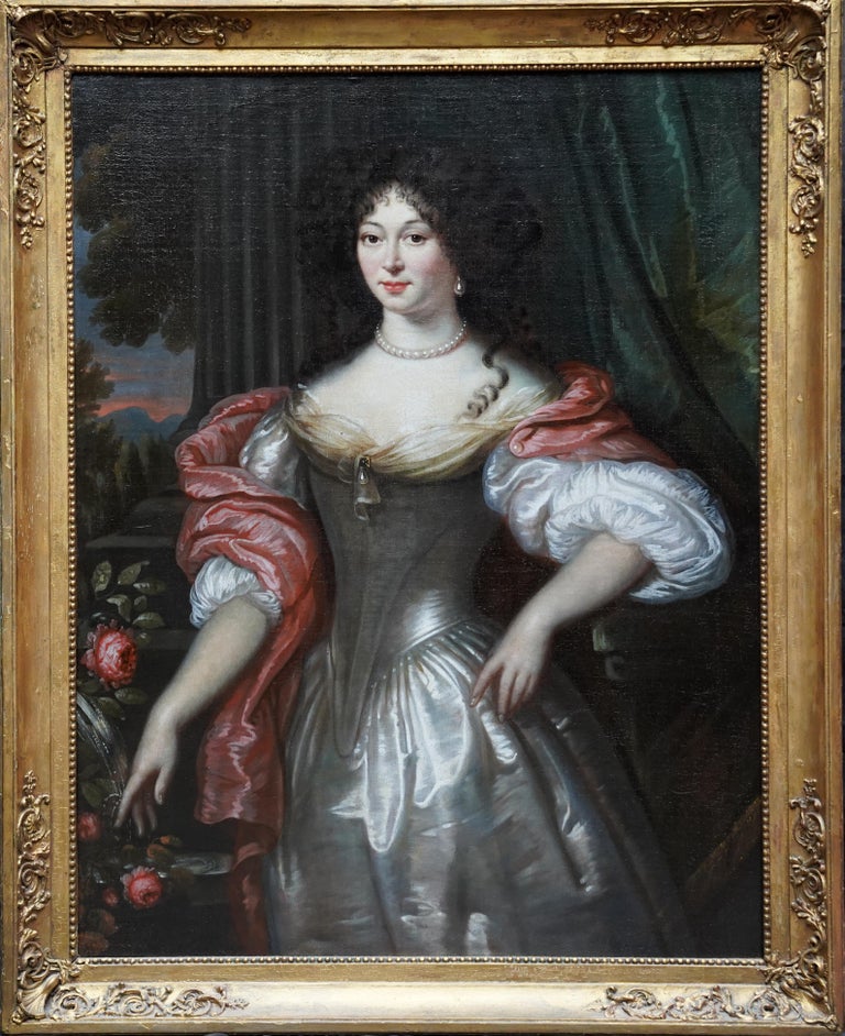 Portrait of Lady in Silver Dress - Dutch Old Master art portrait oil  painting For Sale at 1stDibs
