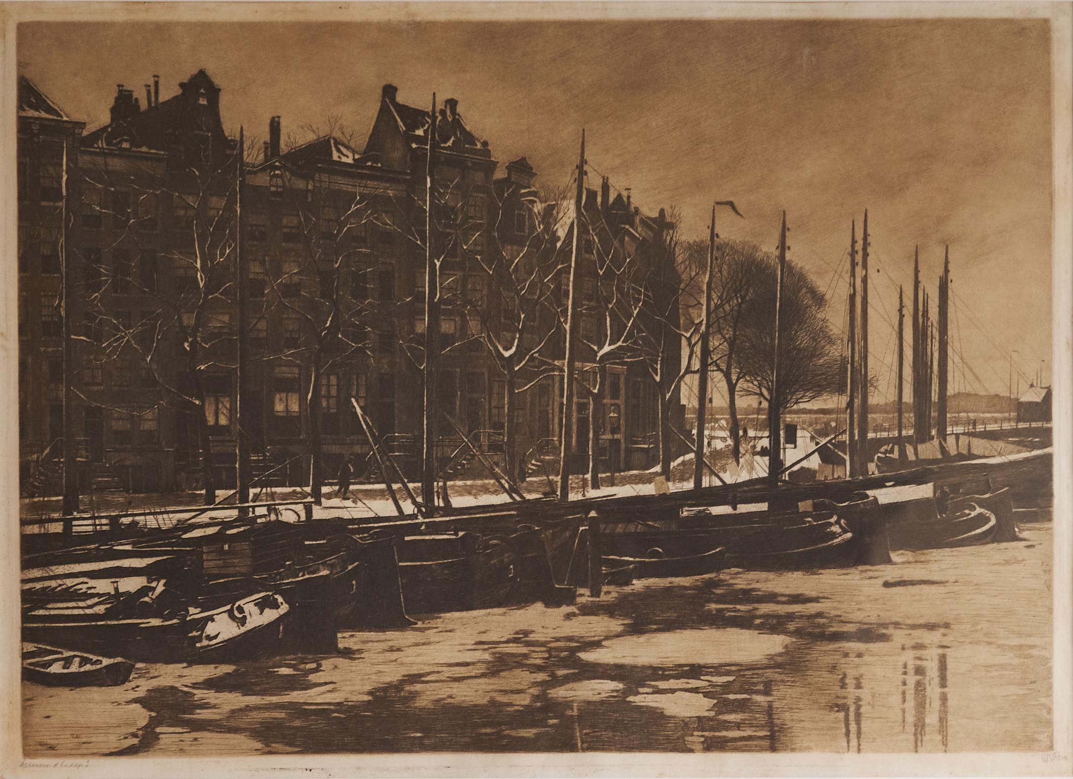 Willem Witsen 'Amsterdam, Binnenkant met Sneeuw' Handsignierte Radierung, Die Niederlande, 1903.

Dies ist eine sehr interessante handsignierte Radierung des bekannten niederländischen Künstlers Willem Witsen mit einer bemerkenswerten