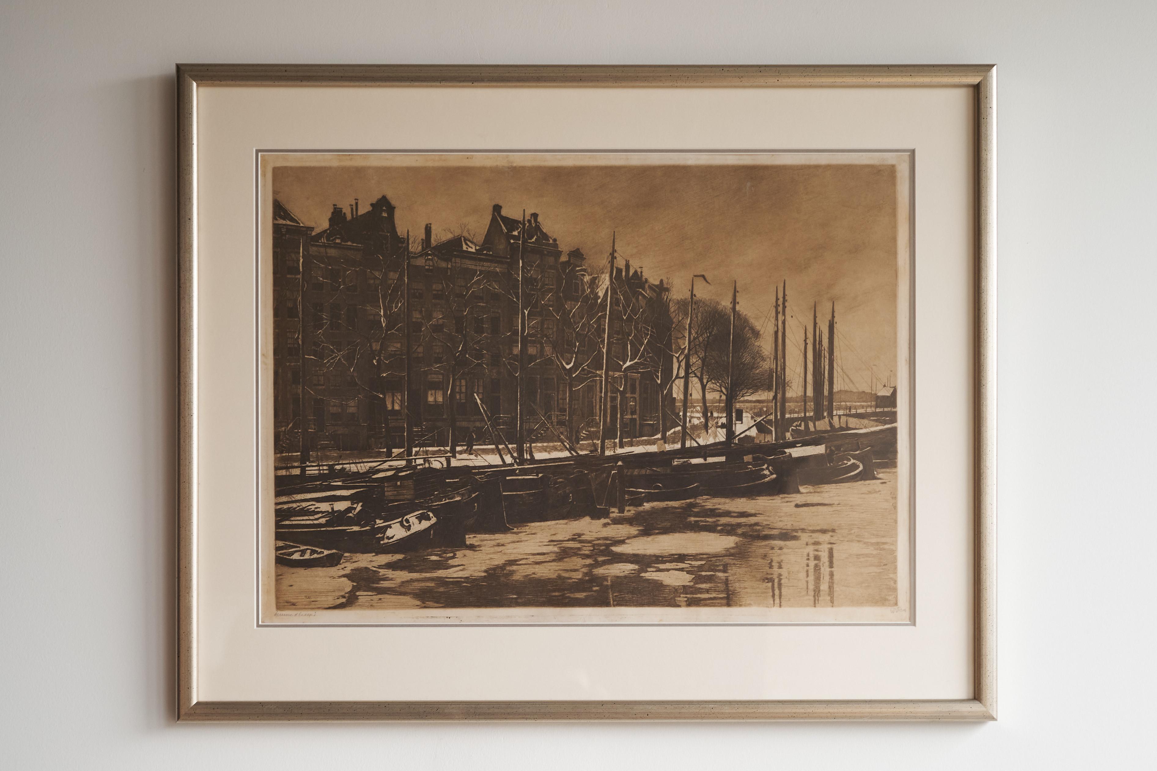Willem Witsen „Amsterdam, Binnenkant lernte Sneeuw kennen“, handsignierte Radierung 1903 (Niederländisch) im Angebot