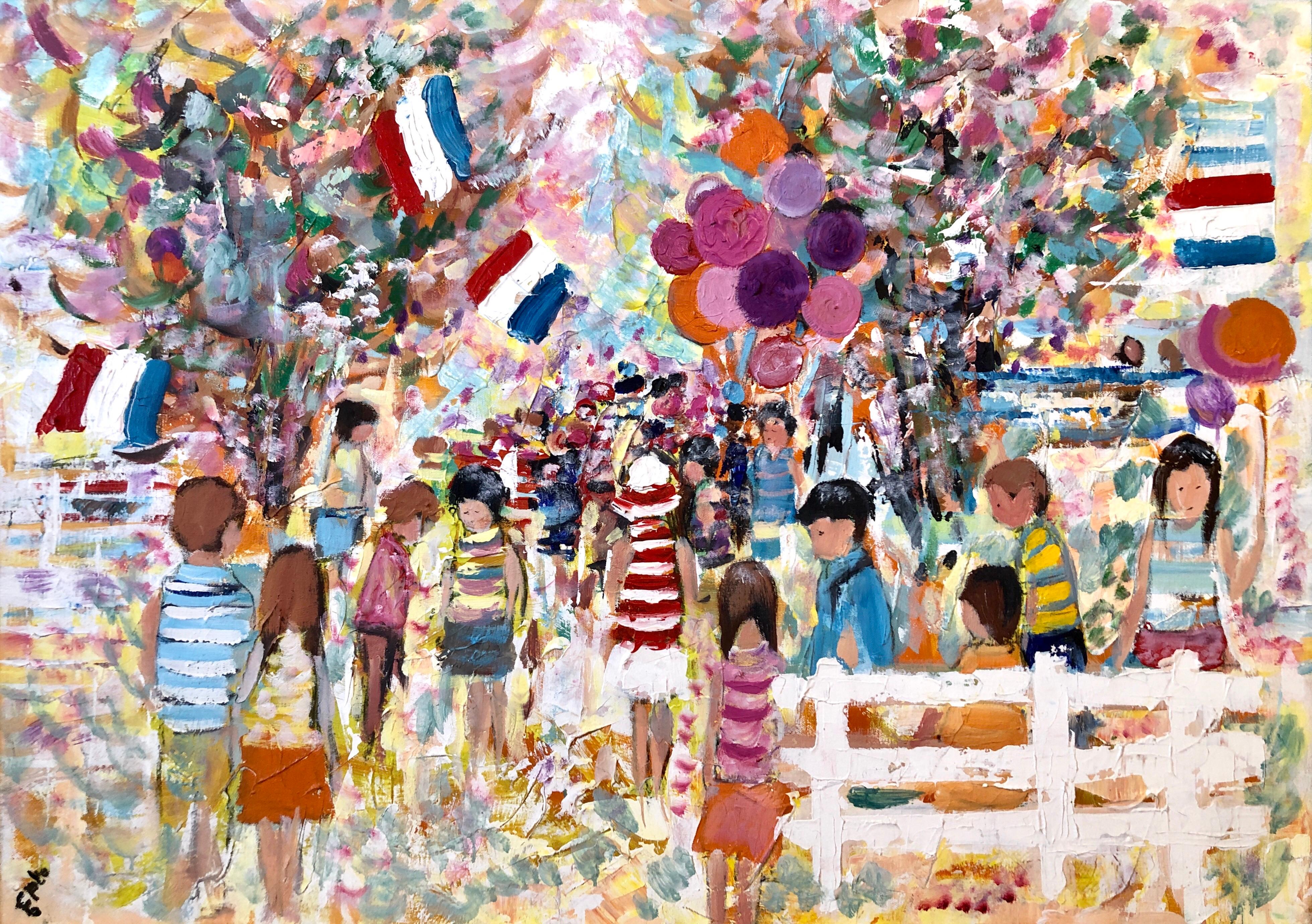 Grande peinture à l'huile expressionniste fauviste, enfants, ballons, drapeaux français, colorée - Painting de Willering Epko