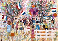 Großes Ölgemälde des fauvistischen Expressionismus, Kinder, Ballons, französische Flaggen, farbenfrohe