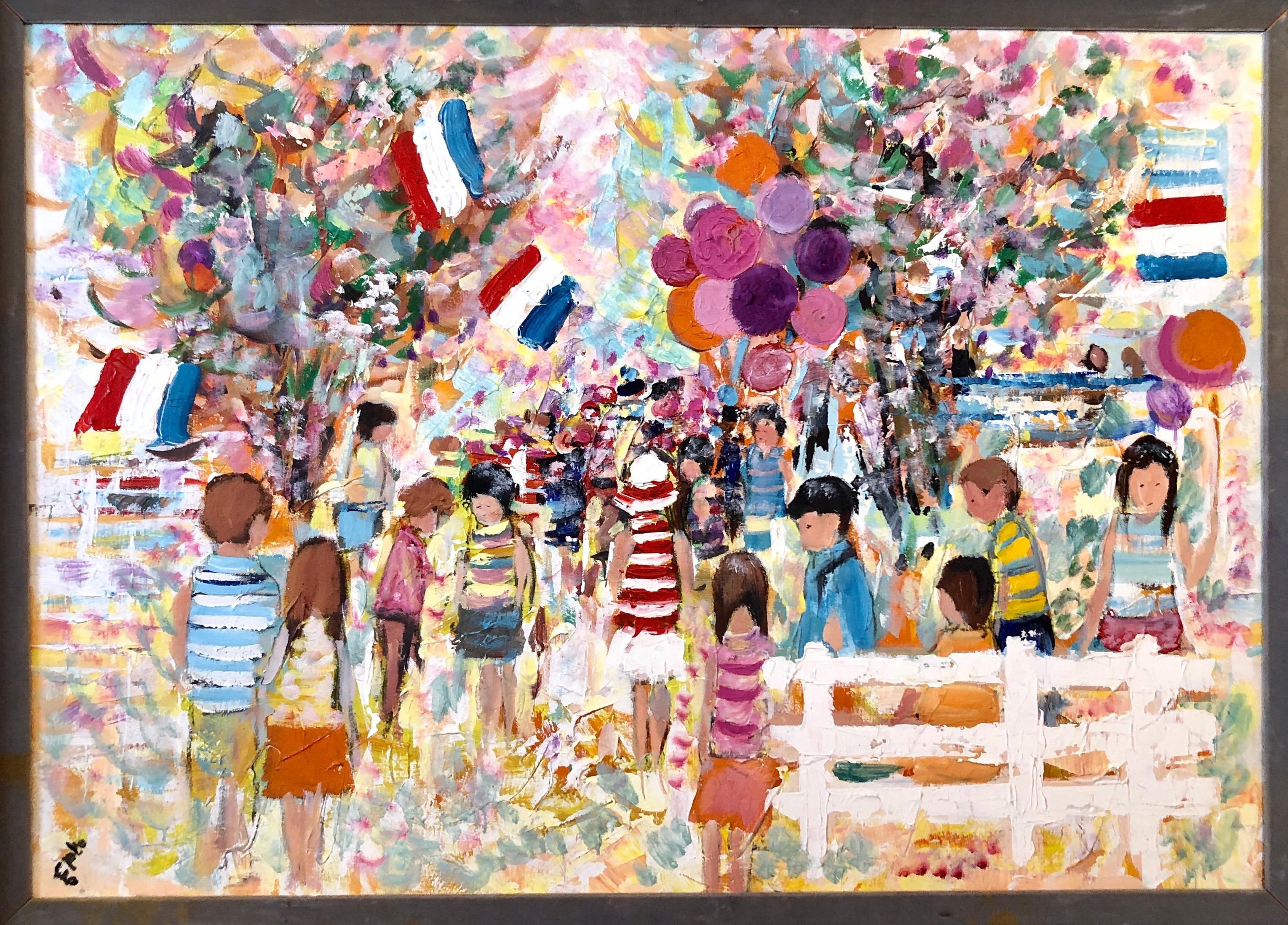 Grande peinture à l'huile expressionniste fauviste, enfants, ballons, drapeaux français, colorée - Post-impressionnisme Painting par Willering Epko