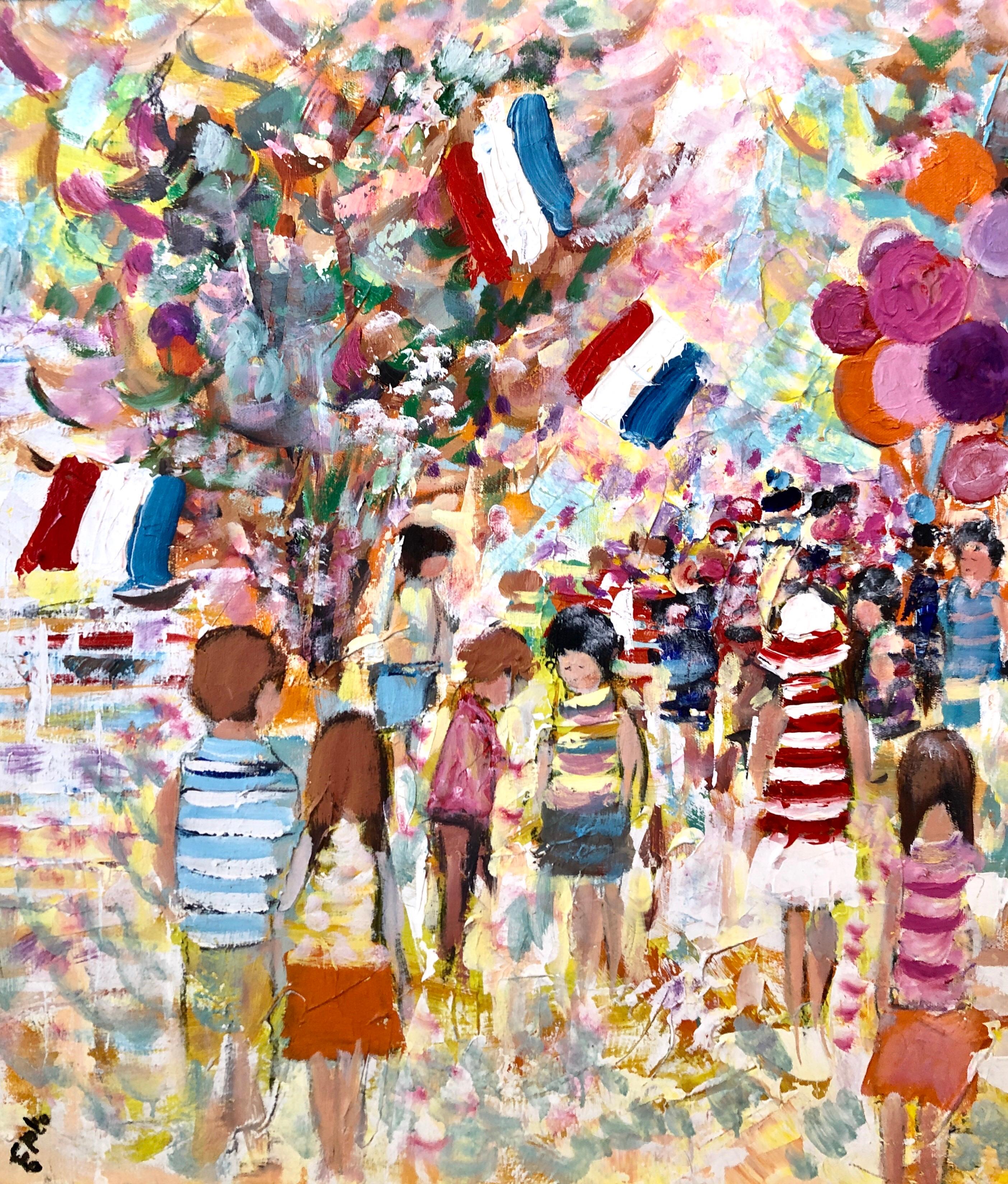 Grande peinture à l'huile expressionniste fauviste, enfants, ballons, drapeaux français, colorée - Marron Abstract Painting par Willering Epko