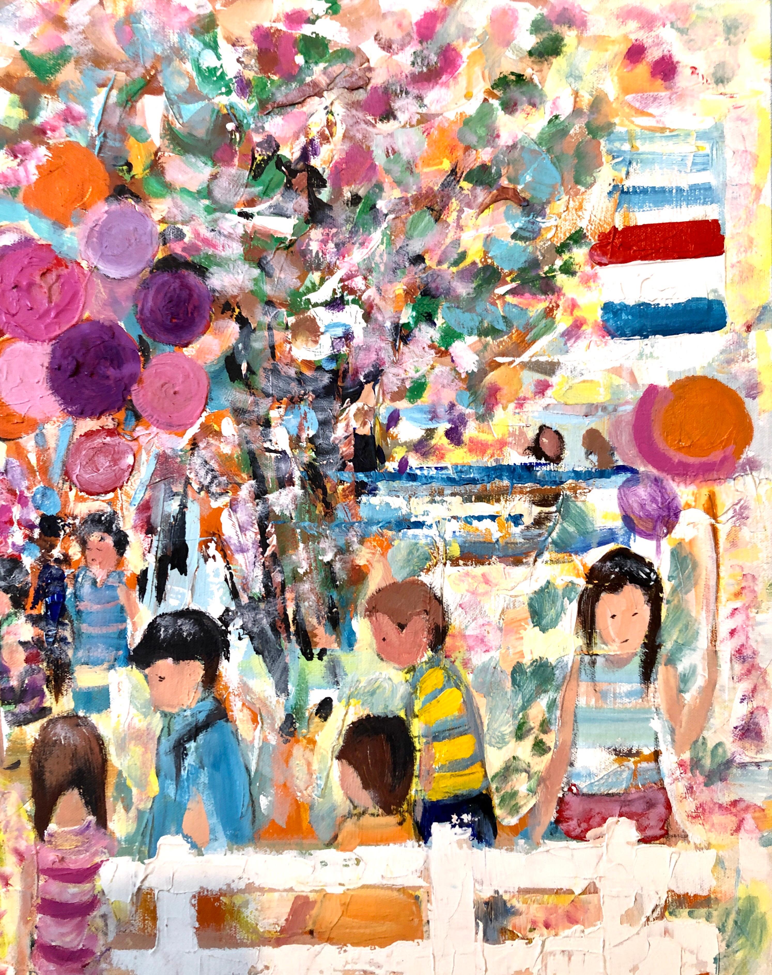 Grande peinture à l'huile expressionniste fauviste, enfants, ballons, drapeaux français, colorée 1