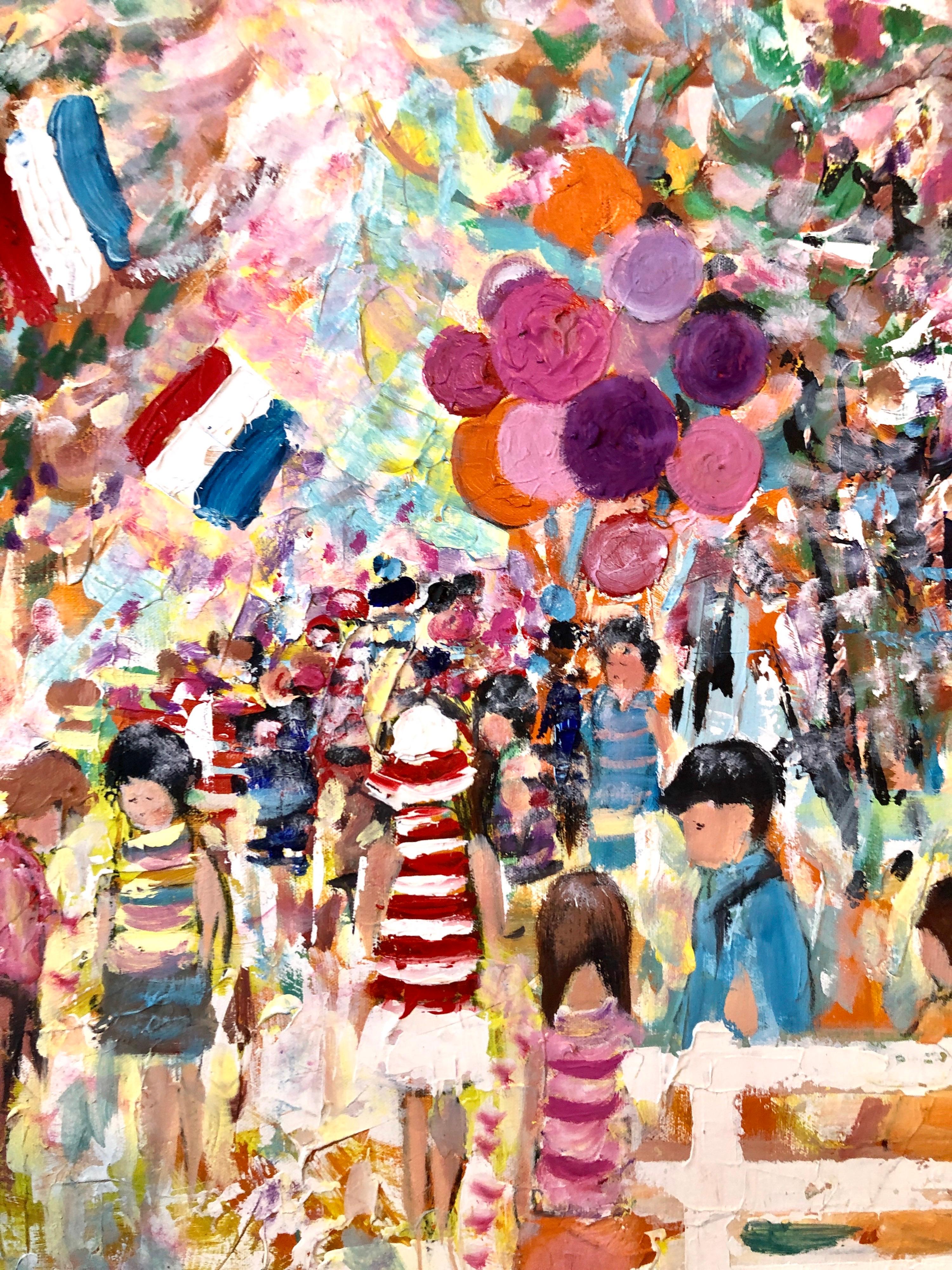 Grande peinture à l'huile expressionniste fauviste, enfants, ballons, drapeaux français, colorée 2