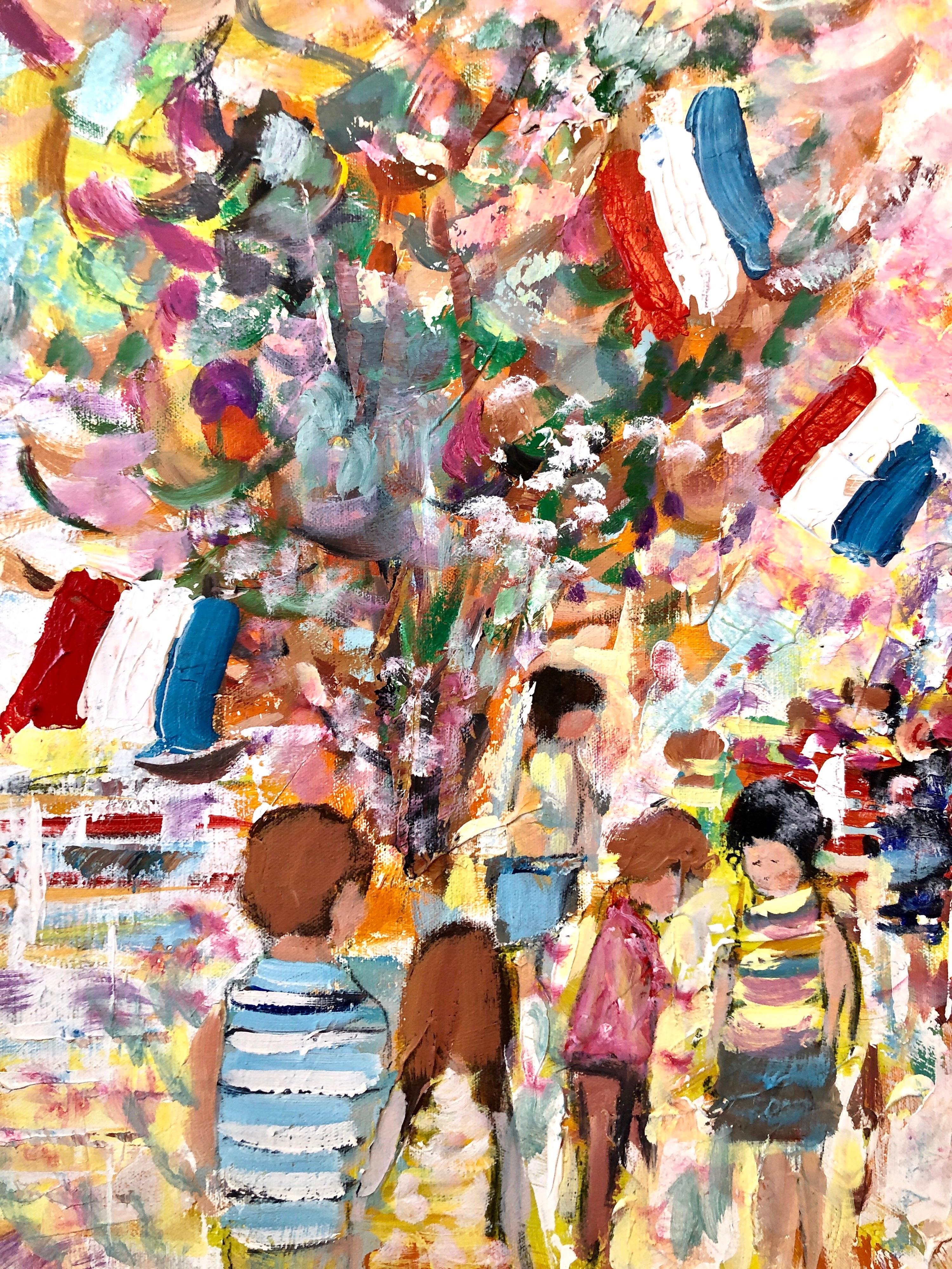 Grande peinture à l'huile expressionniste fauviste, enfants, ballons, drapeaux français, colorée 3