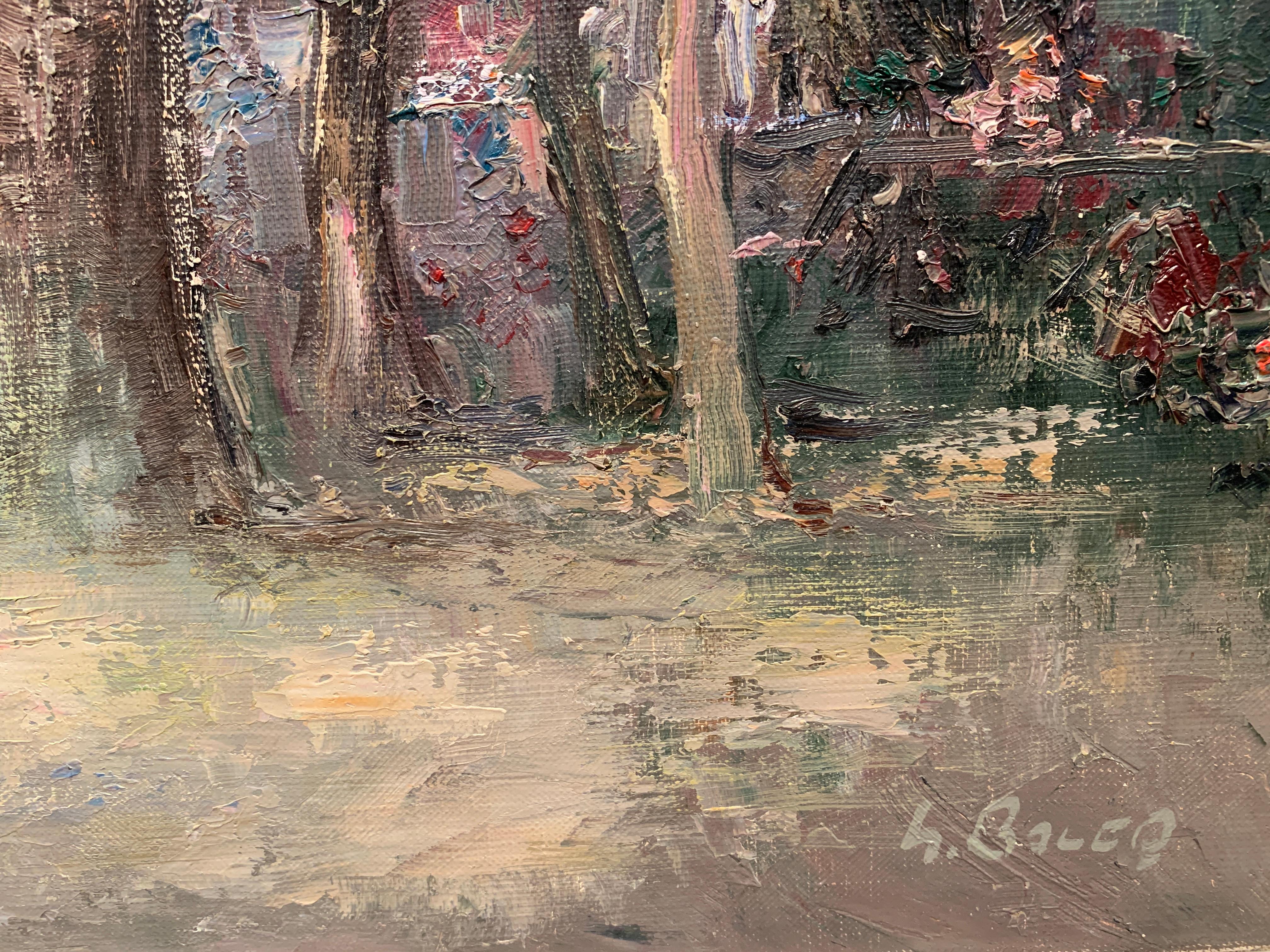 « Calm Afternoon », Willi Bauer, huile/toile, 61 x 91 cm, Party de jardin impressionniste - Marron Landscape Painting par Willi BAUER