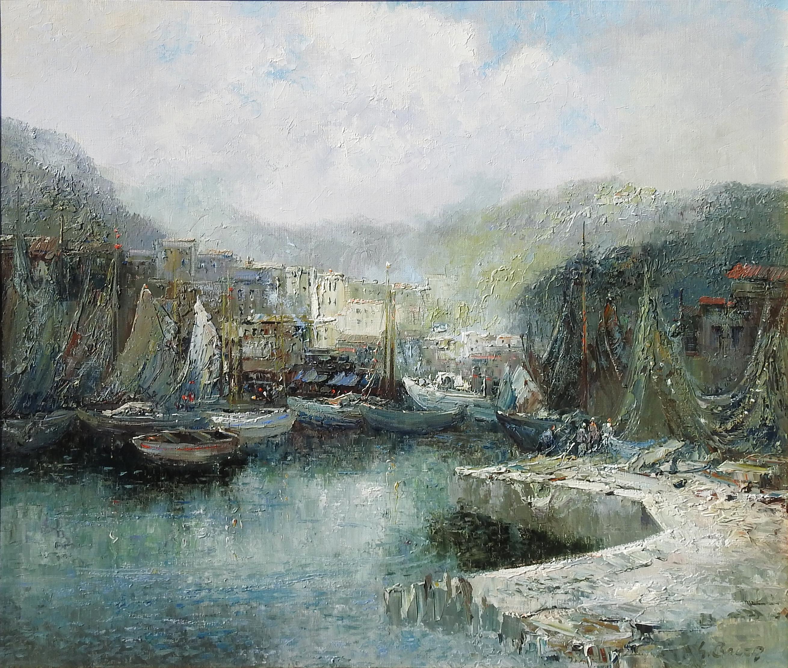 «cked at the Bay », Willi Bauer, huile/toile, 27 x 31 cm, paysage urbain impressionniste - Painting de Willi BAUER