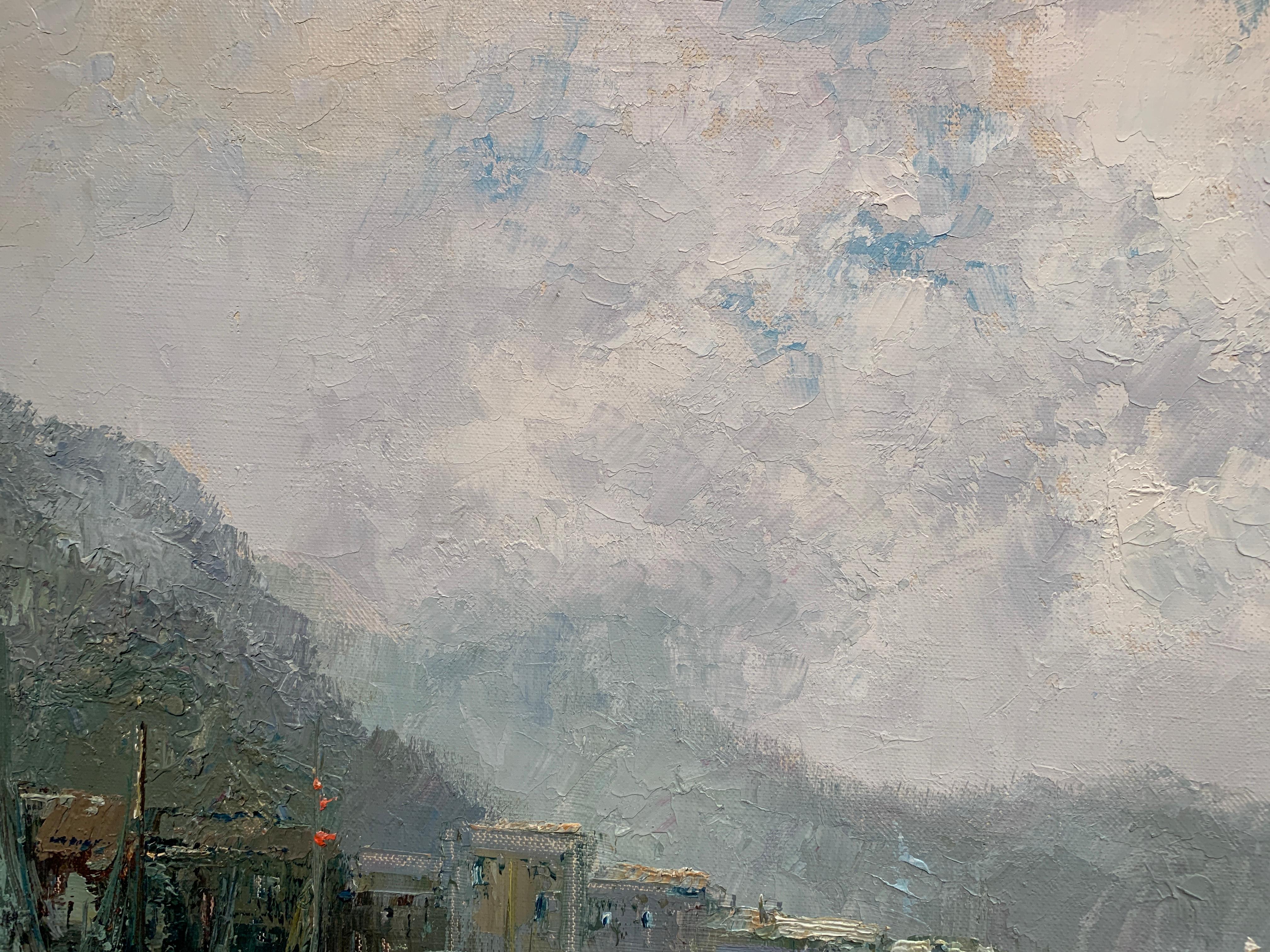 «cked at the Bay », Willi Bauer, huile/toile, 27 x 31 cm, paysage urbain impressionniste - Noir Landscape Painting par Willi BAUER