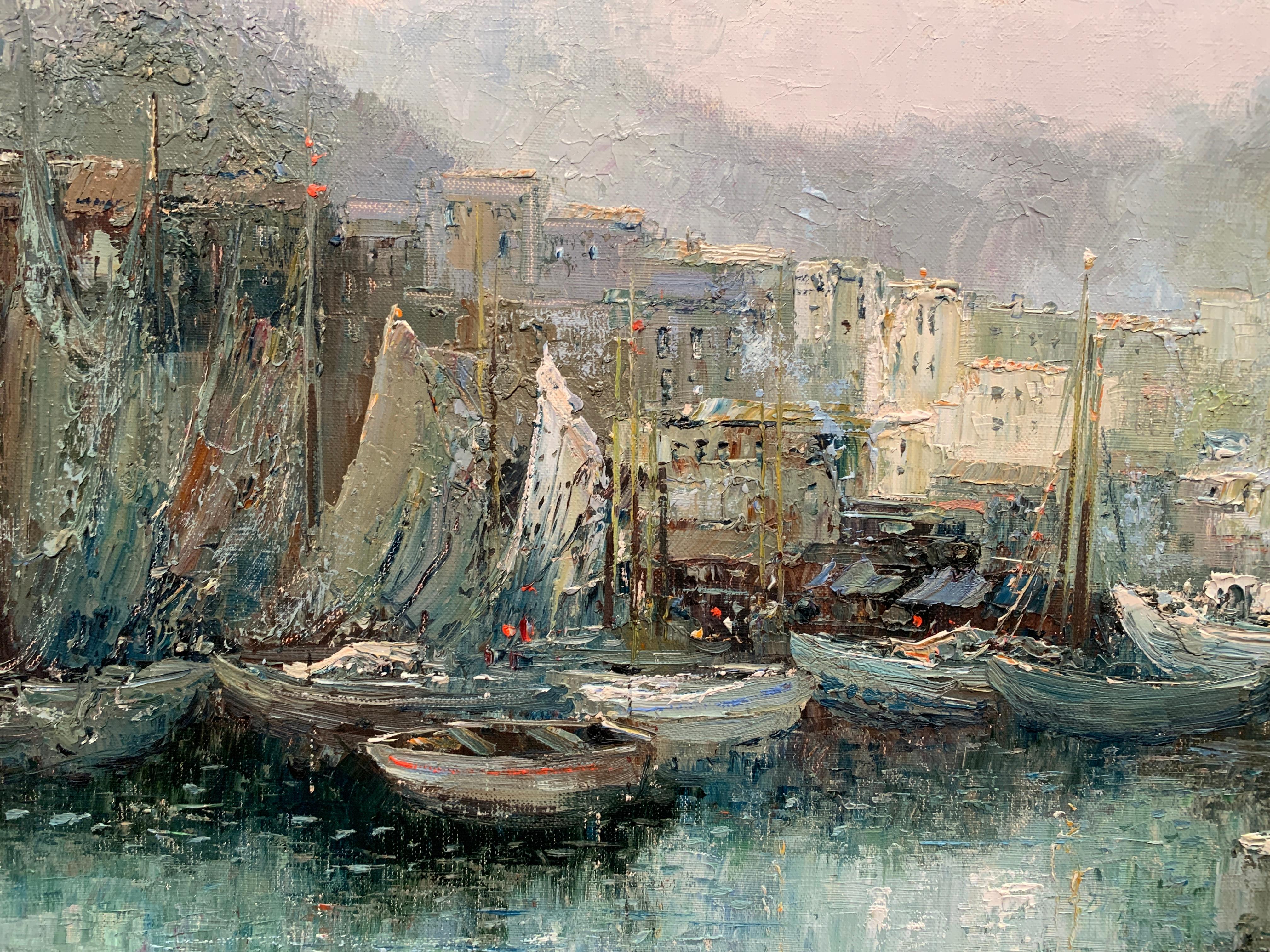 «cked at the Bay », Willi Bauer, huile/toile, 27 x 31 cm, paysage urbain impressionniste en vente 2