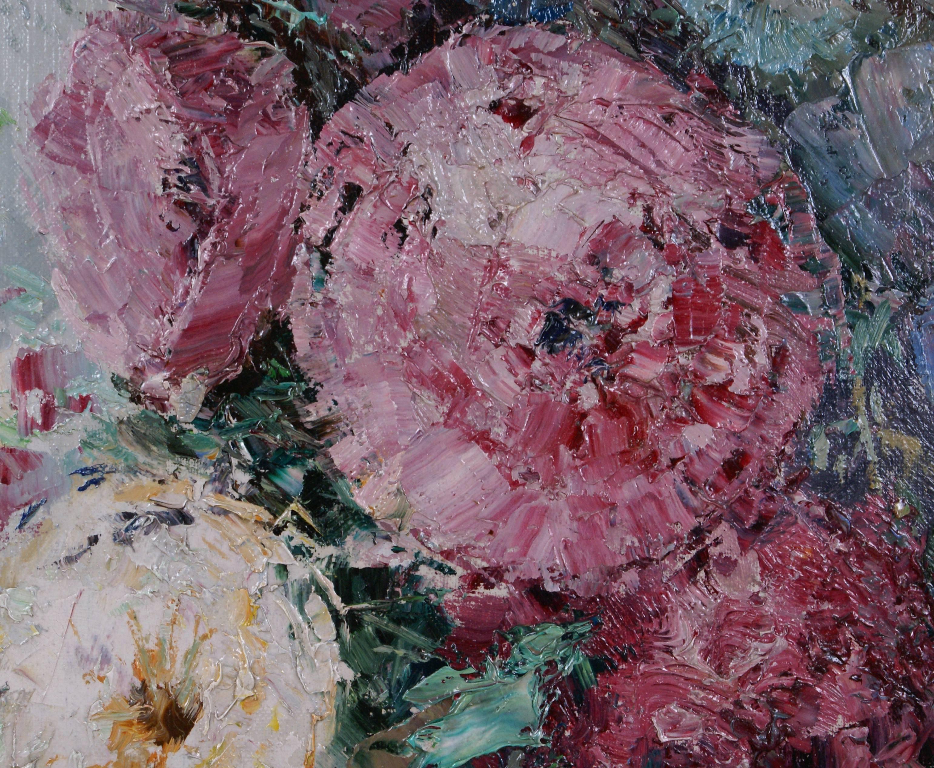 Blumenstillleben mit Blumenmotiv (Grau), Landscape Painting, von Willi BAUER
