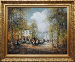 "Garden by the Lake", Willi Bauer, Oil/Canvas, 31x38, Impressionist Garden Party