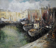 "Moored Sailboats", Willi Bauer, Oil/Canvas, 27x31, Impressionist Seascape