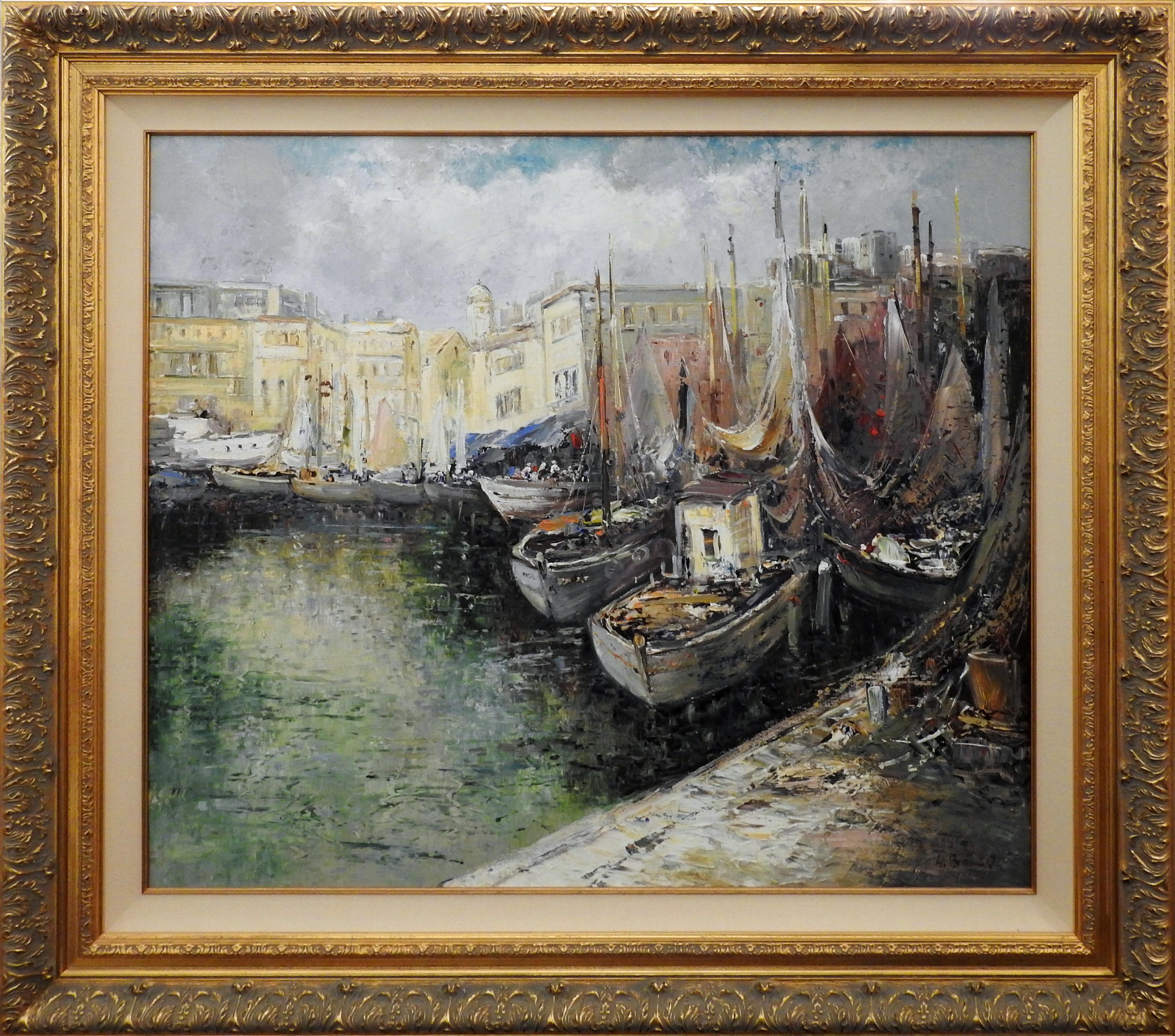 "Moored Sailboats", Willi Bauer, Oil/Canvas, 27x31, Impressionist Seascape