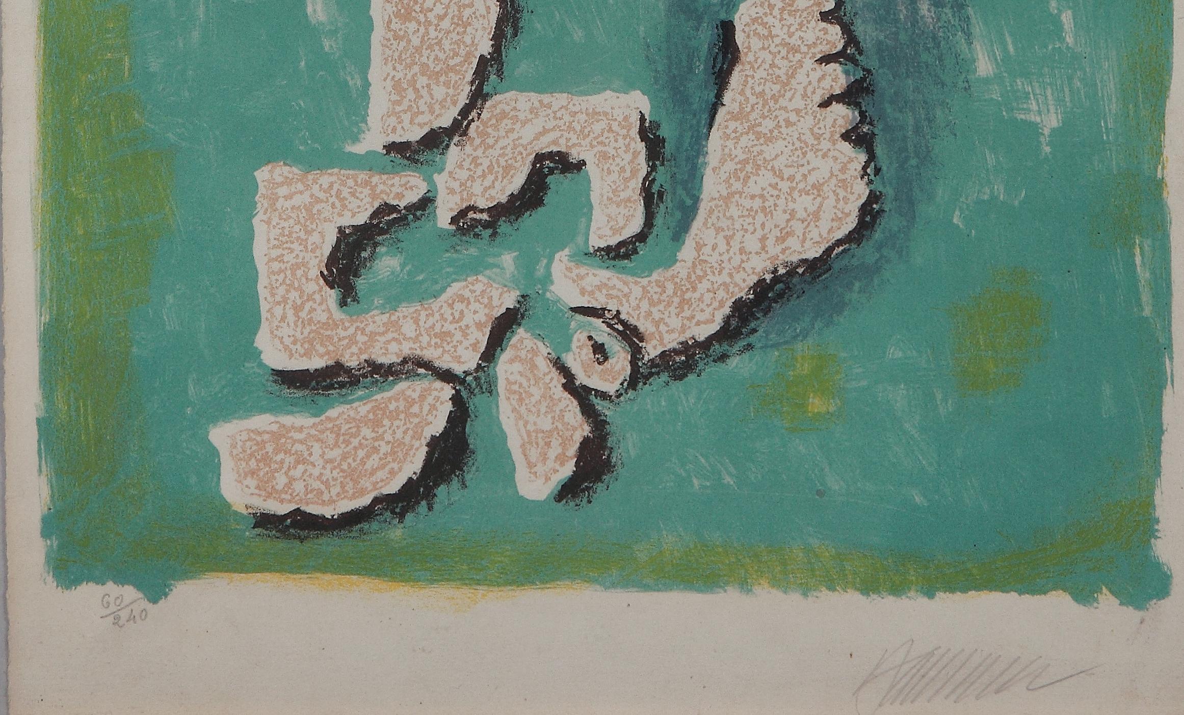 Lithograph in color on vellum paper, 1953 by Willi Baumeister ( 1889-1955 ), Germany. Signed lower right. 
Numbered lower left: 60/240. Sheet 22.6 x 15.2 in ( 57,4 x 38,6 cm ), Framed: 24.53 x 18.11 in ( 62,3 x 46 cm )