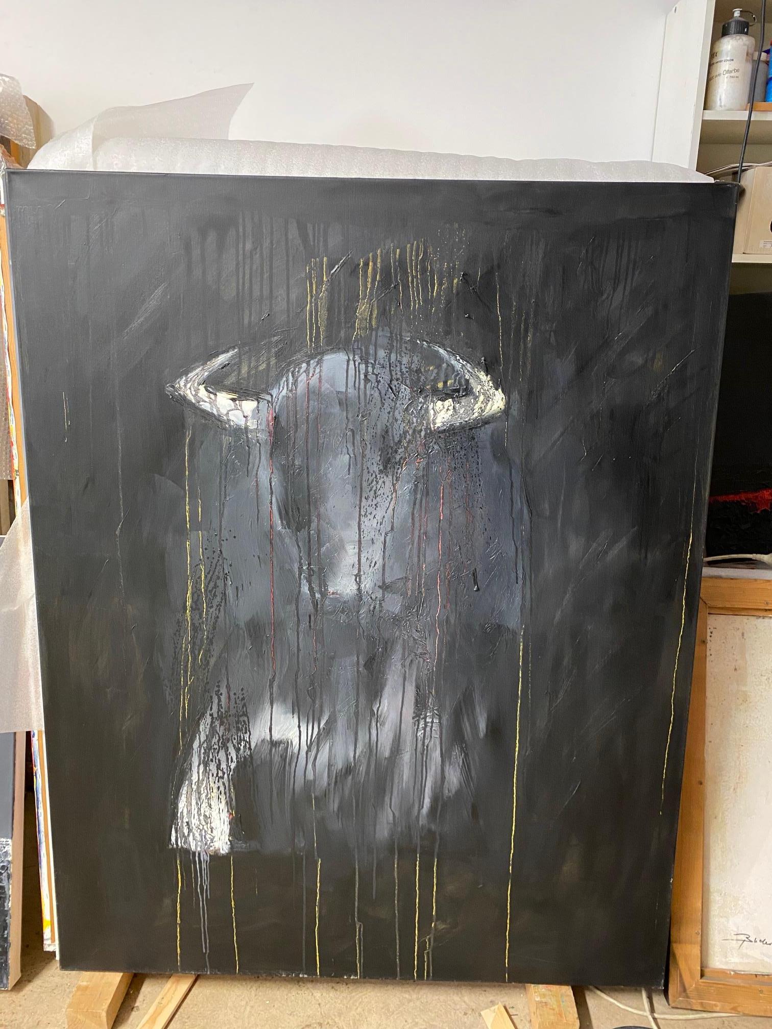 Bull - contemporary expressionistic painting of charging bull, abstract backdrop - Painting by Willi Bucher